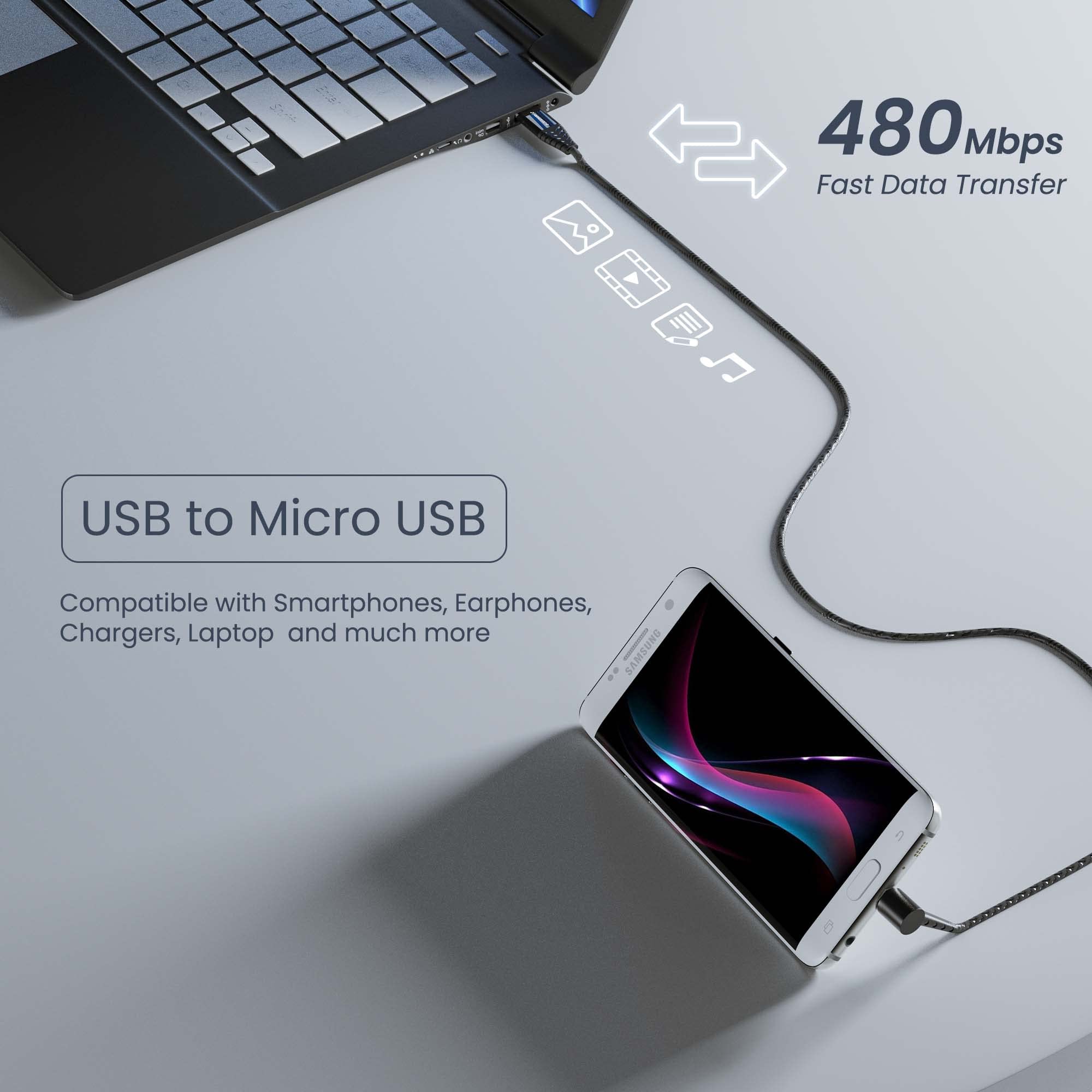 Ambrane Micro USB Cable 3A Fast Charging & 480Mbps Data Transfer, 1.5m Braided Nylon Standing Cable for Mobile Phones - Perfect for Charging While Watching Videos/Gaming (Black)
