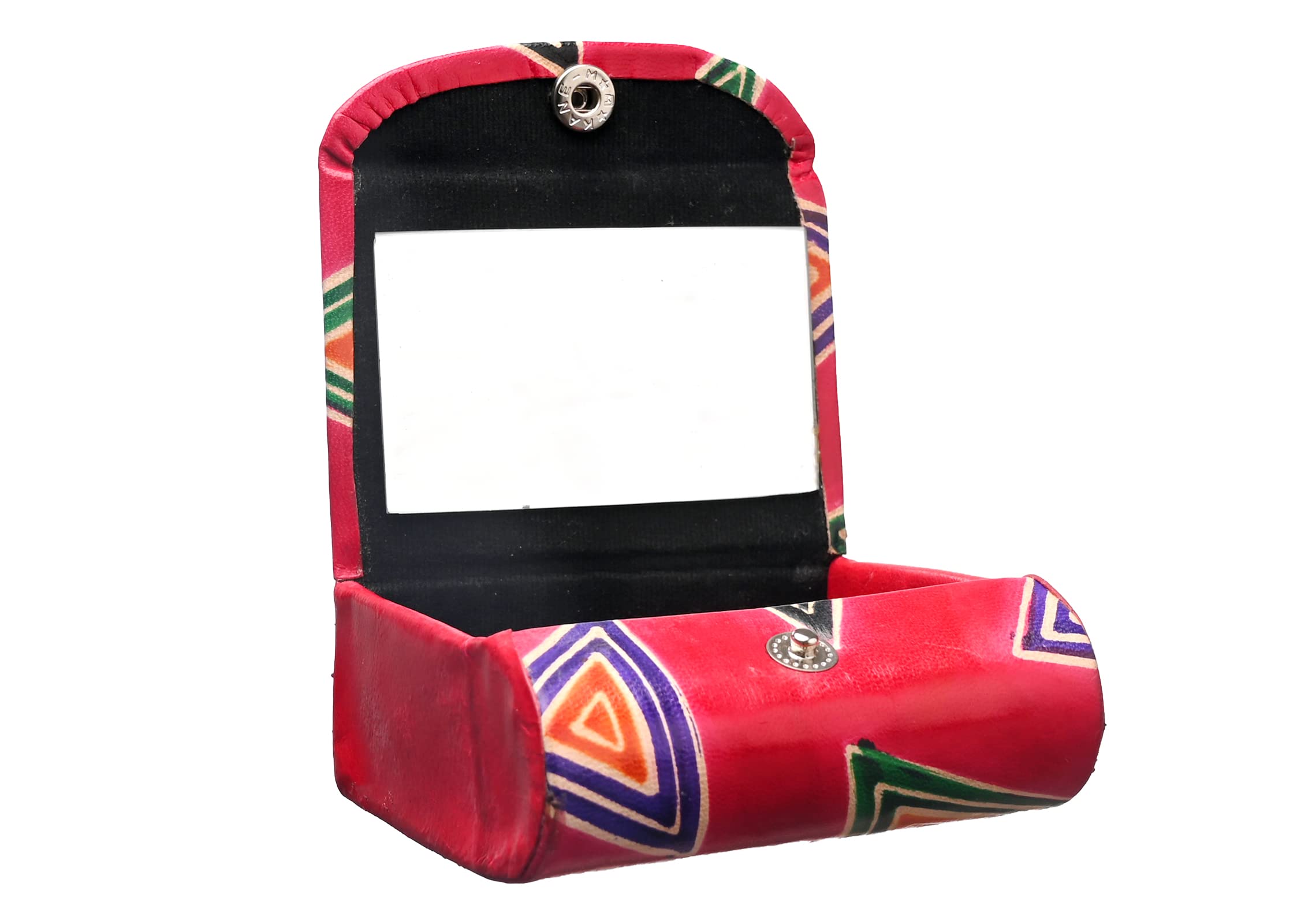 Premium Leather Lipstick Case with Mirror - Traditional Geometric Design Jewelry Holder Box for 2 Lipsticks - Perfect for Handbags & Crossbody Bags (Red) - Ideal Gift for Women, Travel & Daily Makeup Organization