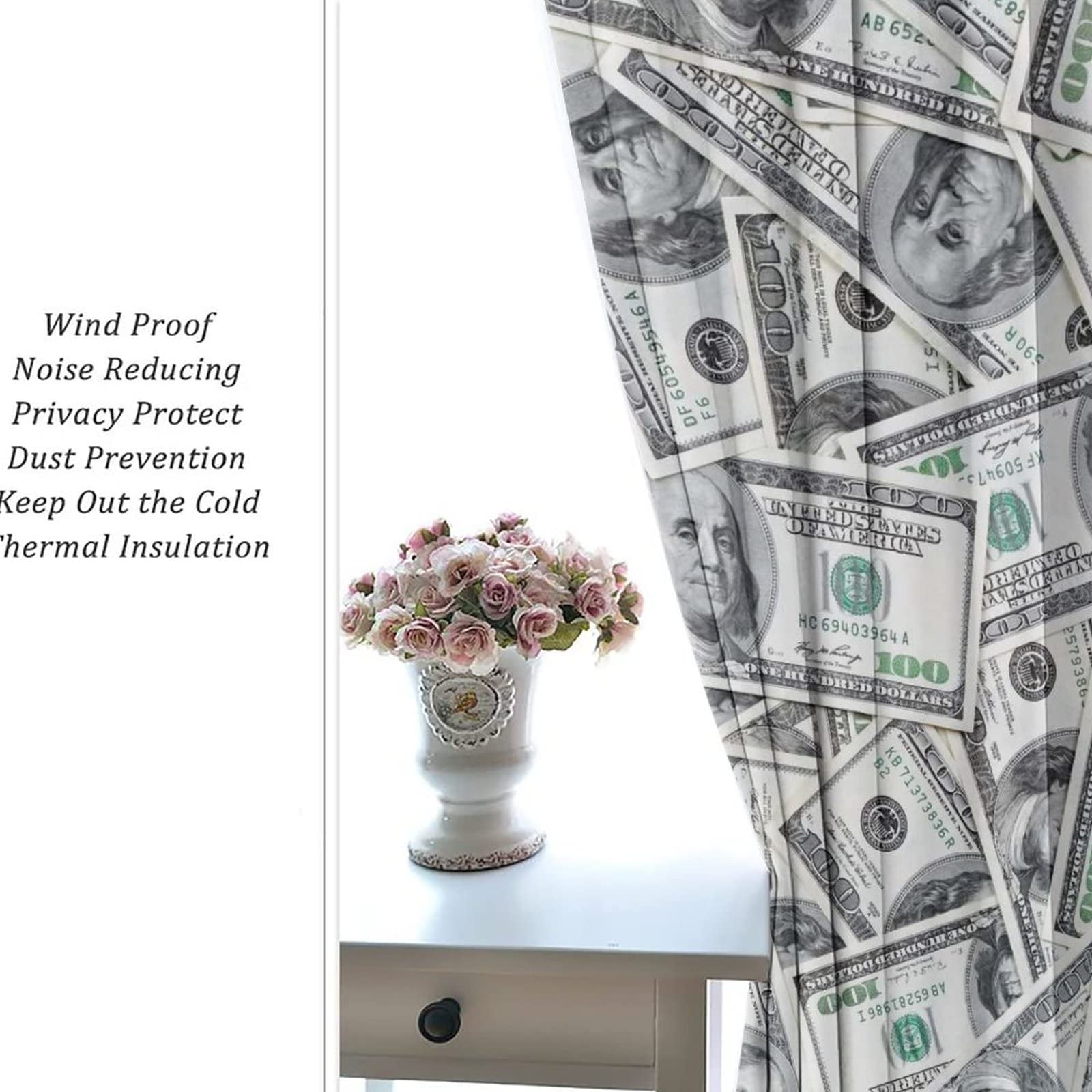 Blackout Window Curtains with Money Print - 100 Dollar Bill Design Thermal Insulated Darkening Curtains for Living Room, Bedroom & Kids Room Decor - 55x63 Inches - Perfect for Privacy, Light Blocking & Energy Savings