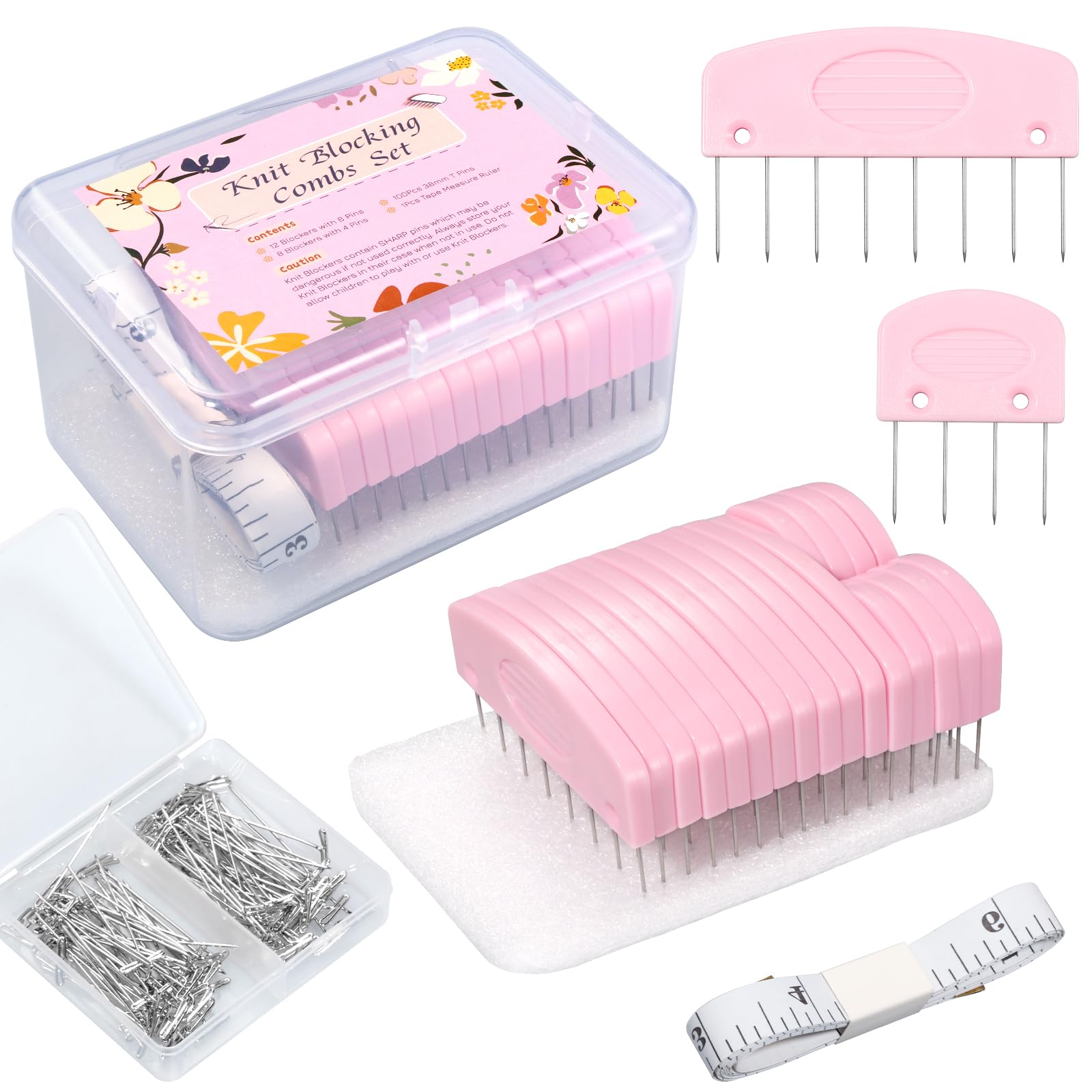 120Pcs Knit Blocking Pins Kit - Stainless Steel T-Pins for Knitting & Crochet Projects - Includes Blocking Mats Combs & Storage Box - Perfect for Shawls, Sweaters & DIY Yarn Crafts