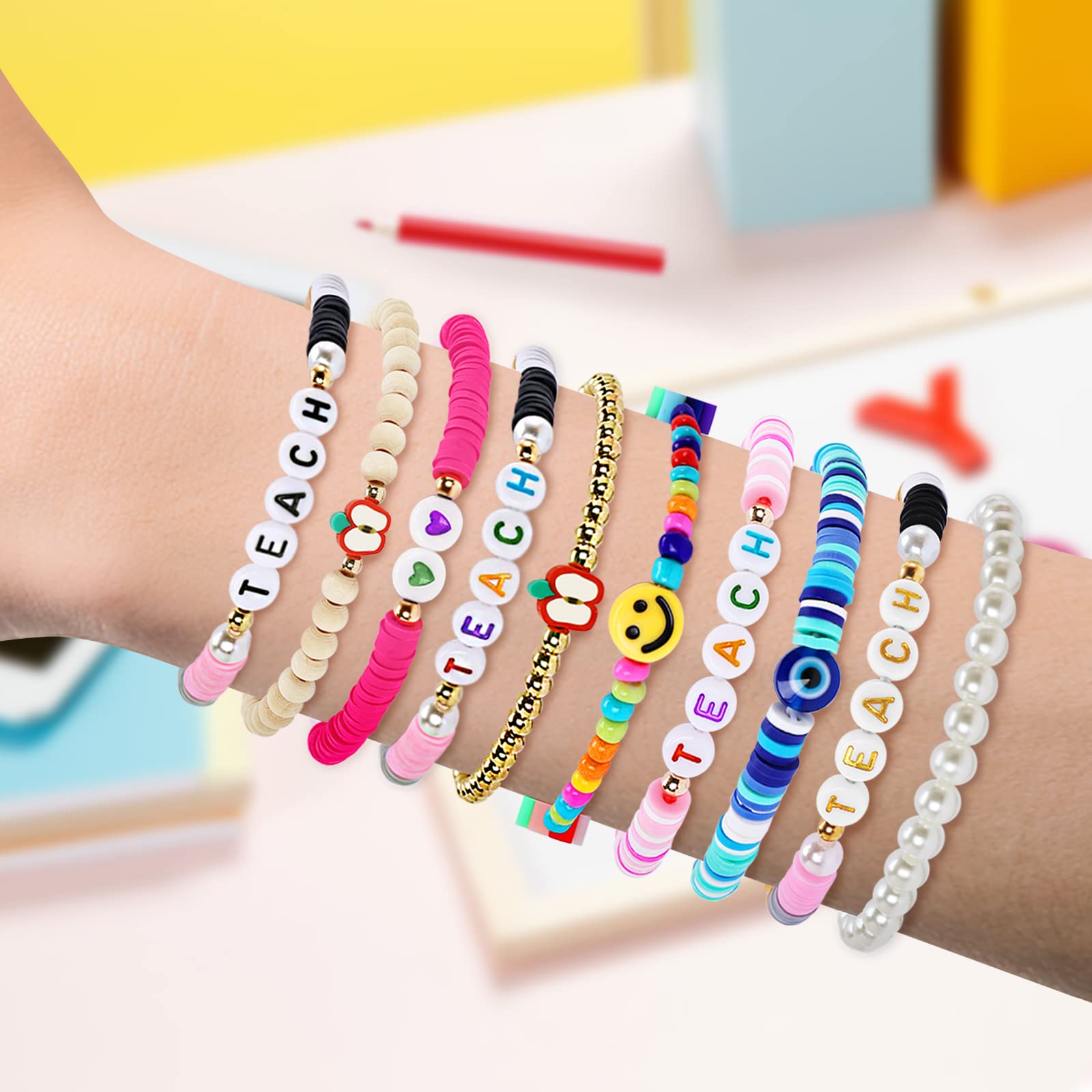 12 PCS Teacher Appreciation Bracelets for Women - Preppy Heishi Clay Beaded Bulk Bracelets - Thank You Gifts for Teachers, Staff, Educators - Perfect for Teacher Appreciation Week, End of Year Gifts, Classroom Rewards