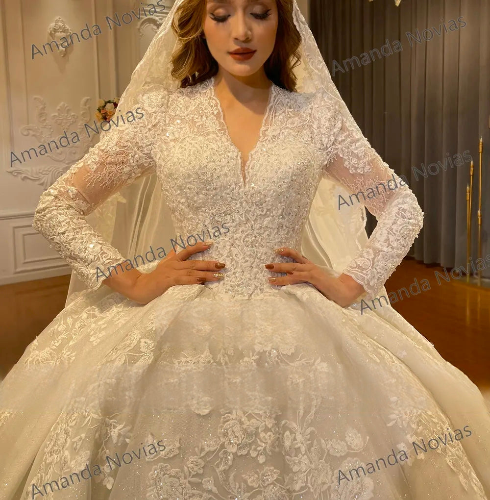 Elegant Off White Wedding Dress Ball Gown with V Neckline & Luxury Detailing - Perfect for Bridal Ceremonies, Prom & Formal Events