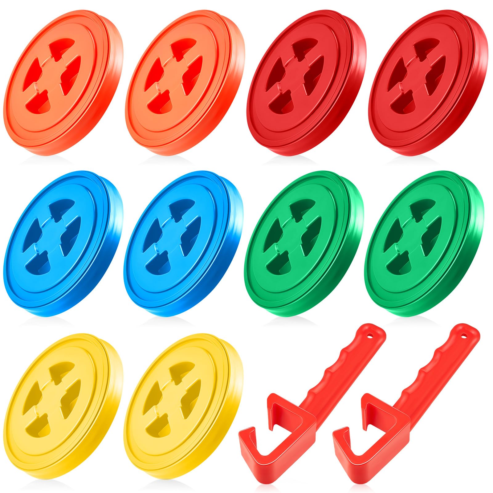 10-Pack Screw-On 5 Gallon Bucket Lids - Leakproof Reusable Plastic Pail Lids for Food Storage Containers (5 Colors) with 2 Lid Openers - Ideal for Home Organization, Bulk Food Storage & DIY Projects