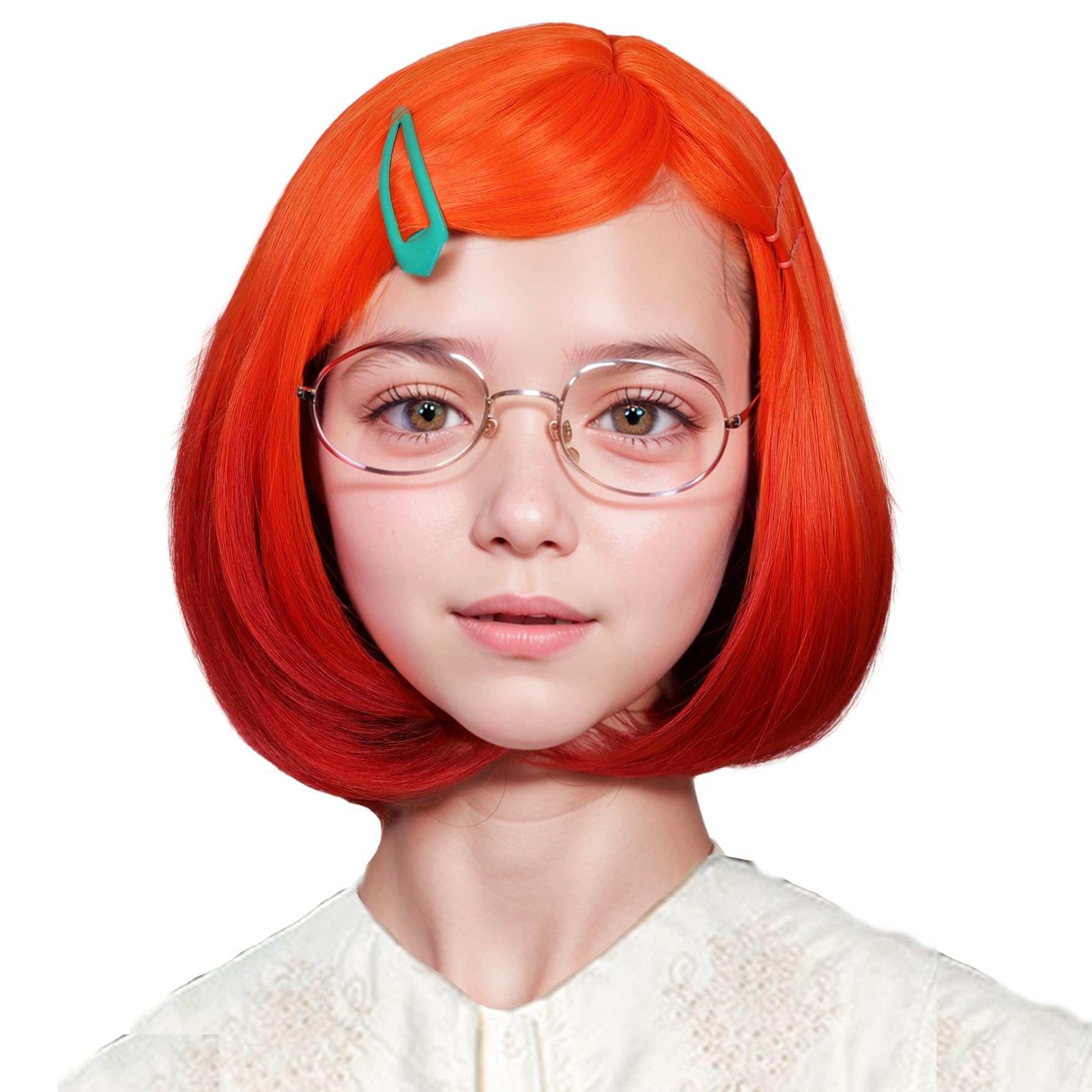 Short Straight Bob Orange Ombre Red Wig with Glass Ear Stud Hairpin & Bracelet - Perfect for Cosplay, Comic Con, Halloween & Costume Parties (Free Size)