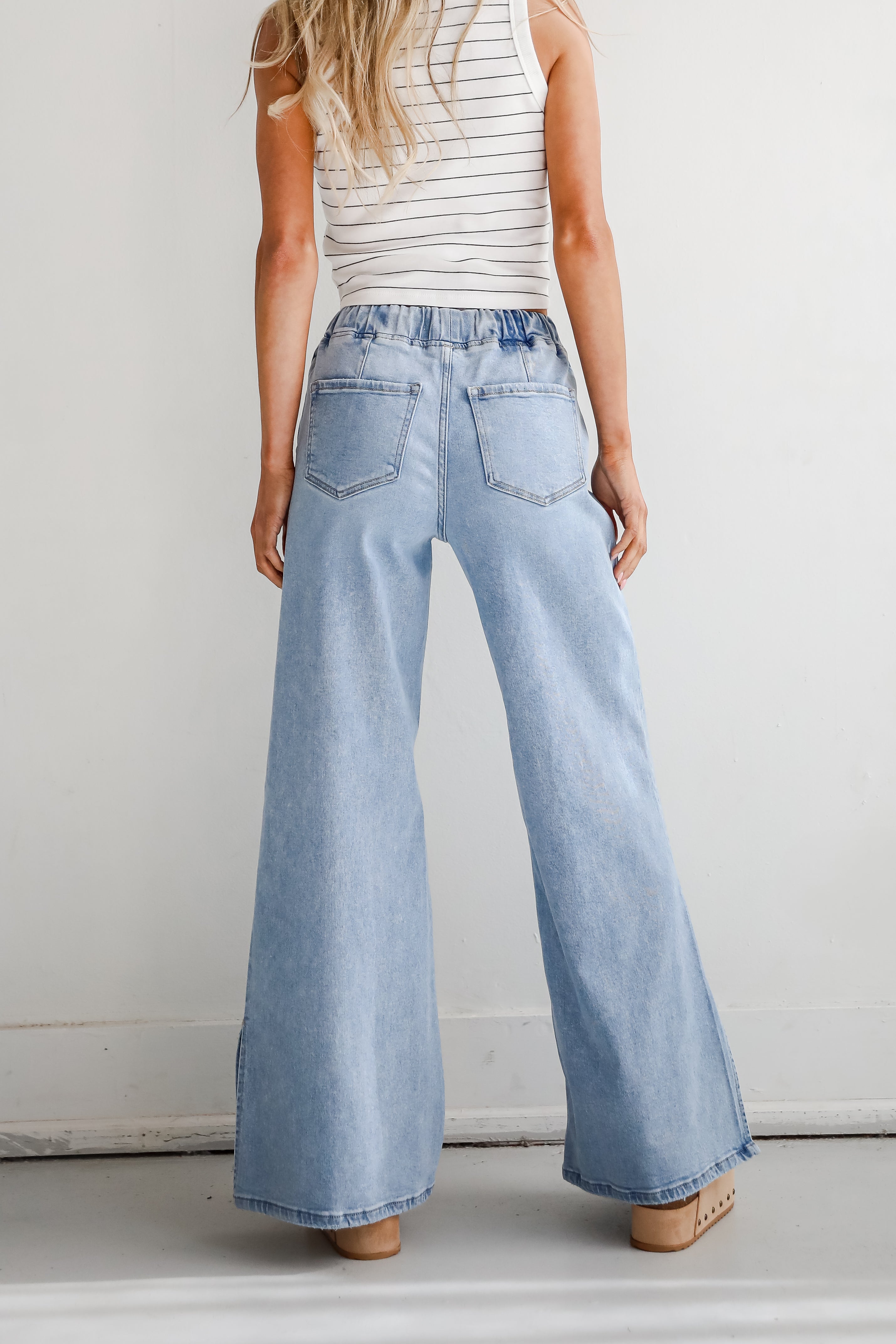 Carla Light Wash High Rise Drawstring Waist Wide Leg Jeans for Women - Comfortable Stretch Denim Pants for Casual Wear & Everyday Outfits