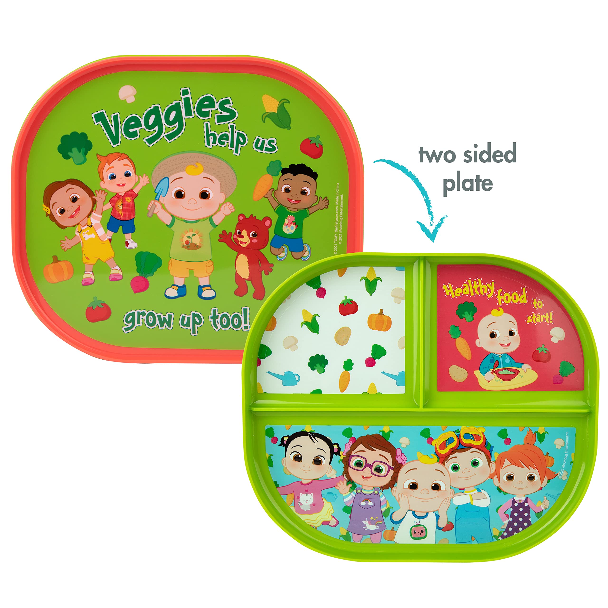 The First Years CoComelon Toddler Dinnerware Set - 2 Reversible Plastic Plates & 4 Textured Spoons for Babies - BPA-Free Kids Mealtime Essentials for Home, Daycare & Travel