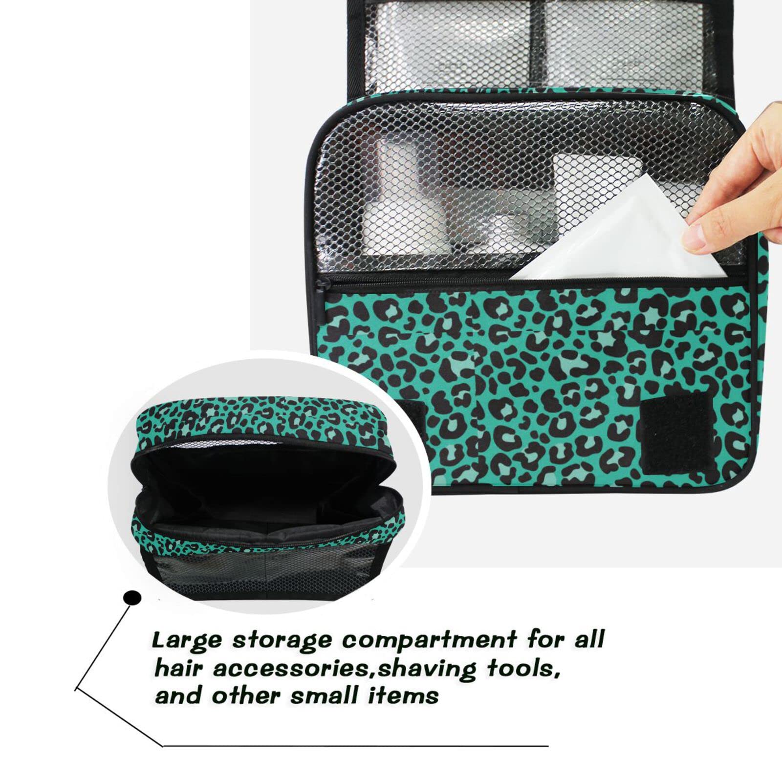 Moyyo Green Leopard Print Hanging Travel Toiletry Bag - Waterproof Cosmetic Makeup Organizer for Women & Men - Portable Wash Bag for Gym, Camping, Business Trips & Vacation Essentials