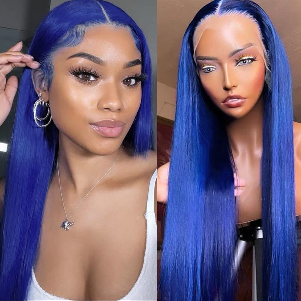 QD-Tizer Blue Lace Front Wigs for Women - 24 Inch Long Straight Navy Blue Synthetic Hair with Heat Resistant Fibers | Perfect for Cosplay, Fashion Shows & Daily Wear