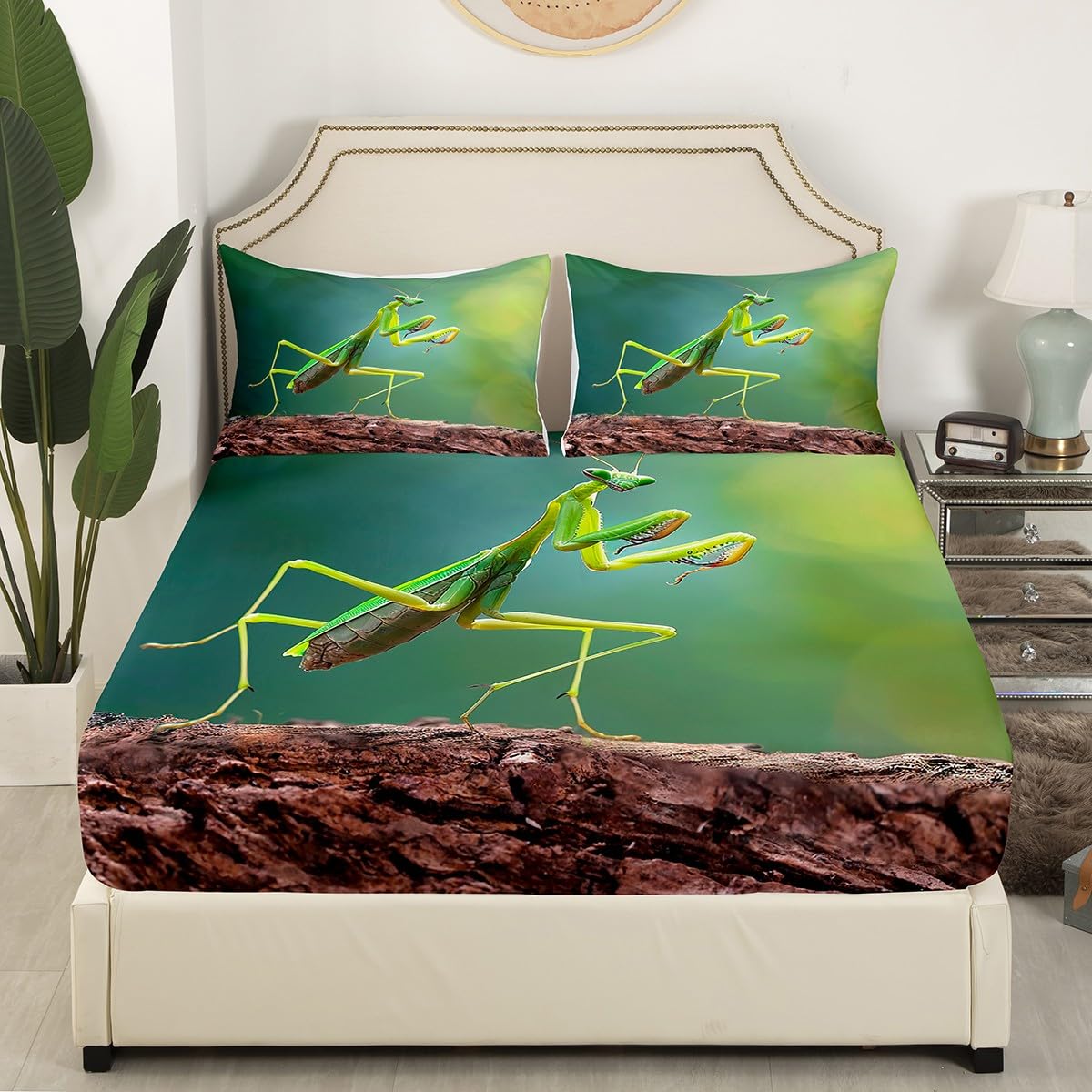 Green Praying Mantis Insect Theme Microfiber Bedding Set - Twin Size Fitted Sheet & Pillowcase (2pc) for Kids, Boys & Teens | Jungle Safari Room Decor, Nature Themed Bedroom Accessories