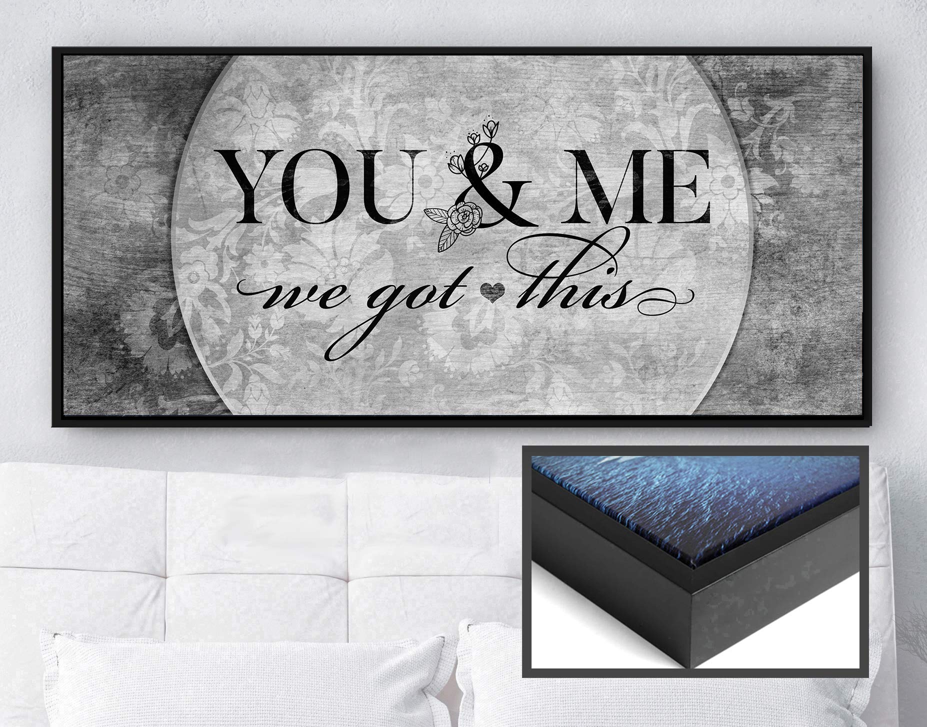 Above Bed Lovers Art - 'You & Me We Got This V5' Wood Framed Canvas - Rustic Bedroom Wall Decor for Couples - Ready to Hang Grey & Black Floating Frame (42x19 inches) - Perfect for Master Bedroom, Guest Room & Romantic Home Decor
