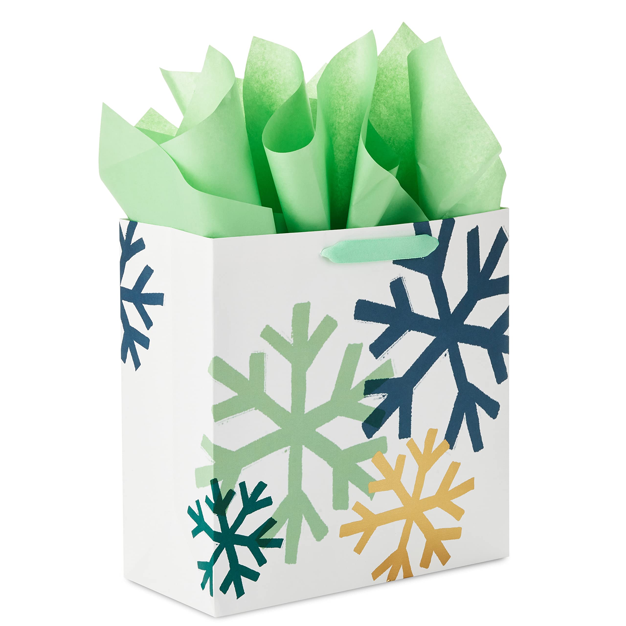 Hallmark Signature 10 Inch Square Holiday Gift Bags with Tissue Paper - Navy Blue, Mint Green & Gold Snowflakes Design for Christmas, Hanukkah, Winter Weddings, Graduation & Birthday Presents - Perfect for Party Favors, Corporate Gifts & Special Occasions