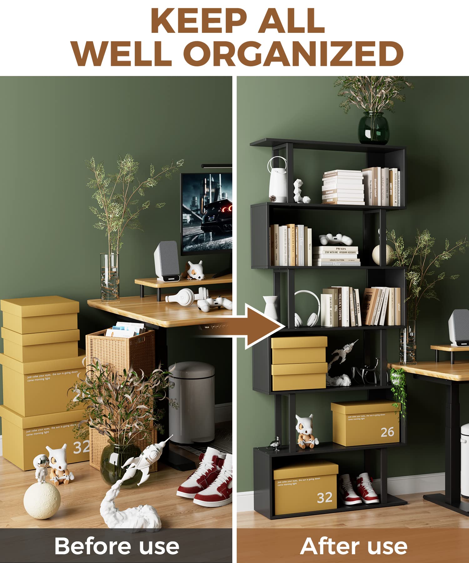 Gadroad 6-Tier Geometric Bookcase - Modern Black Wooden Bookshelf for Bedroom, Living Room & Home Office - Space-Saving Corner Storage Shelf for Books, Decor & Organizing Small Spaces