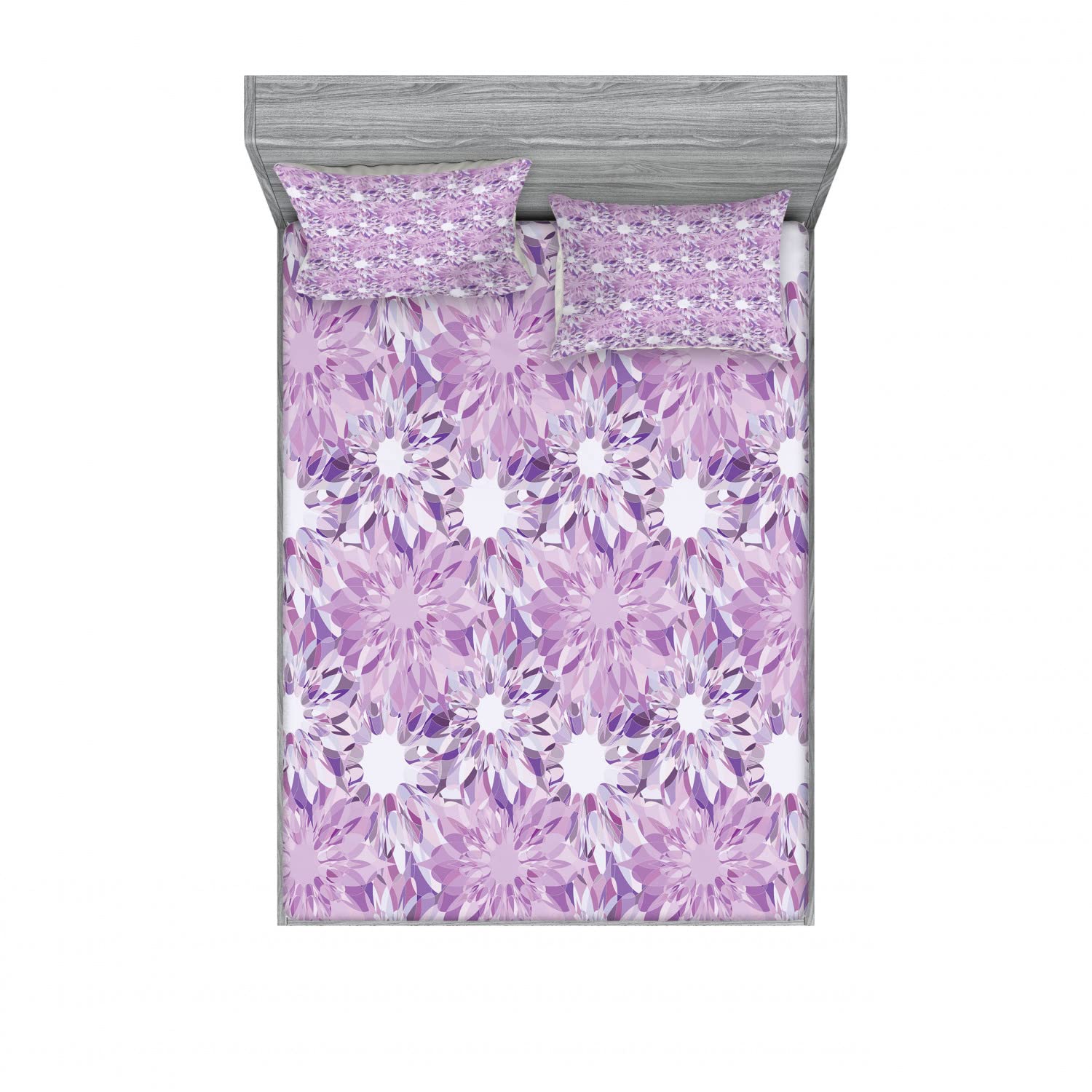 Ambesonne Retro 2-Piece Full Size Fitted Sheet Set with 4 Pillow Shams - Digital Floral Pattern in Lilac & Lavender | Vintage Bedding Collection for Guest Rooms, Dorms & Cozy Bedroom Decor