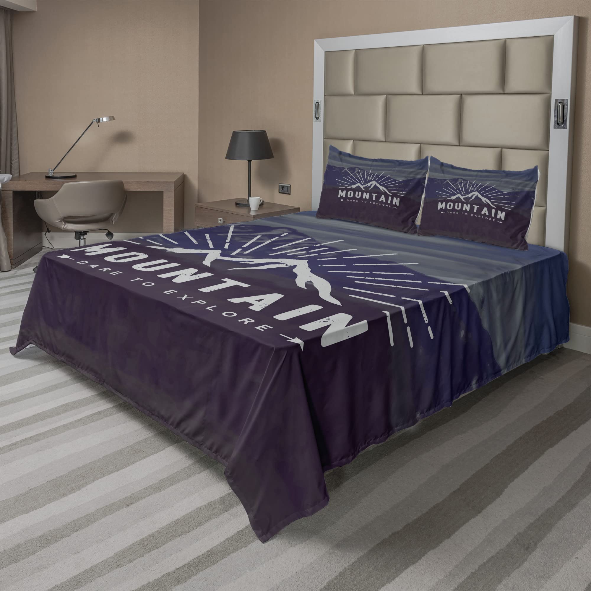 Ambesonne Adventure Themed 4-Piece King Sheet Set - Mountain Landscape Journey Design, Fitted & Flat Sheets with Pillowcases - Indigo Blue Bedding for Outdoor Enthusiasts & Travel Lovers - Perfect for Camping Cabins, Dorm Rooms & Adventure-Themed Bedrooms