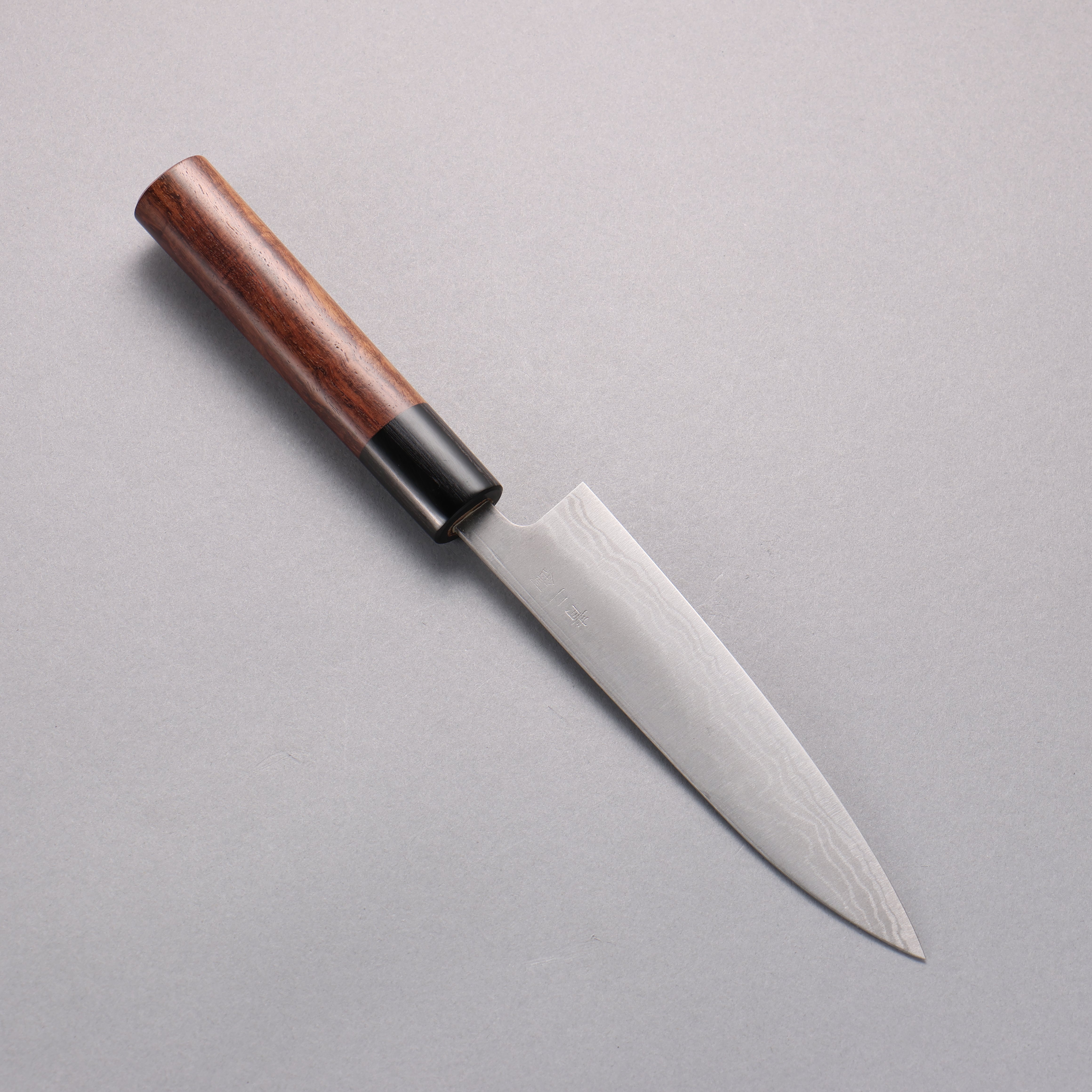 Kanetsune Blue Steel No.2 Damascus Petty Utility Knife 135mm with Shitan Handle - Perfect for Kitchen, Camping & Outdoor Cooking