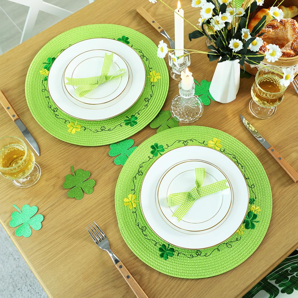 Round St. Patrick's Day Placemats Set of 4 - Green Shamrock Table Mats for Dining, Kitchen & Party Decor - Perfect for St. Patrick's Day Celebrations, Irish Themed Dinners & Festive Home Decor