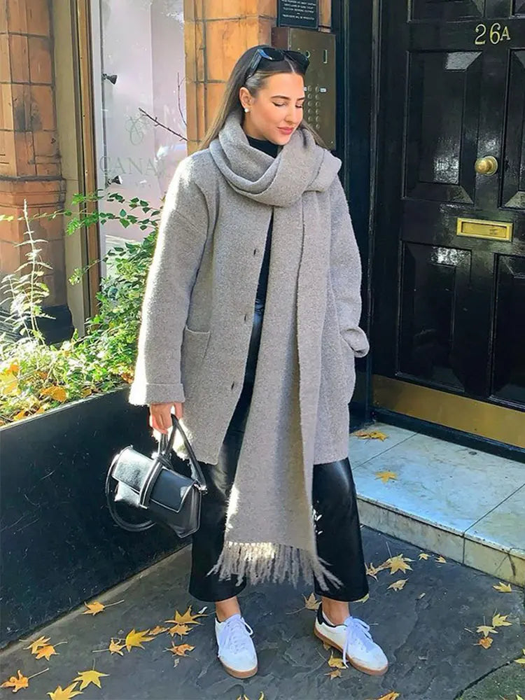 Elegant Women's Wool Coat with Scarf - Warm Winter Long Sleeve Loose Overcoat for Casual Streetwear & Office Outfits | Perfect for Fall, Winter & Holiday Season