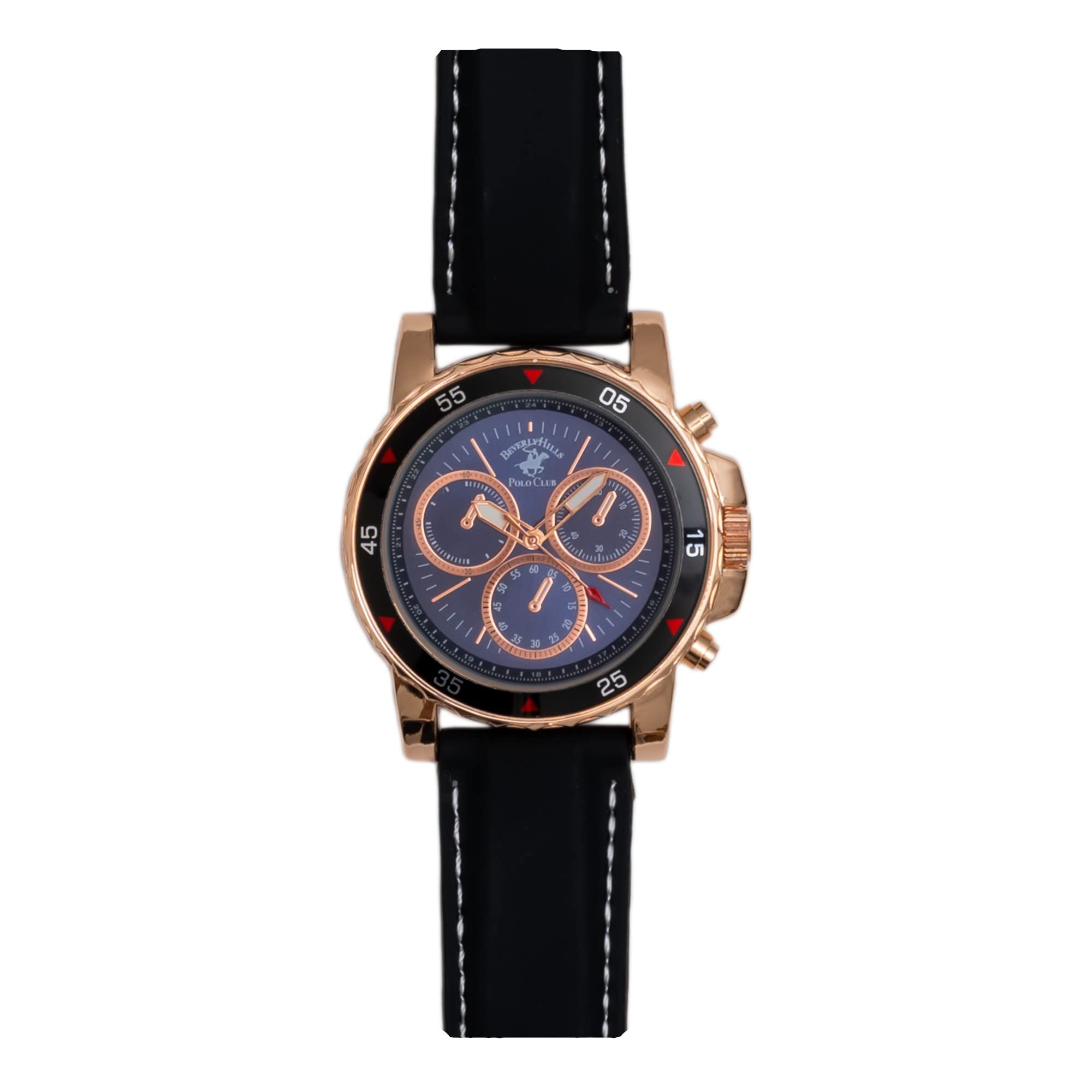 Beverly Hills Polo Club Men's Chronograph Watch - Analog Quartz Movement with Stylish Chronograph Dial - Subtle Red Accents - Rose Gold/Black Case with Black Silicone Band - Perfect for Business, Casual & Formal Occasions