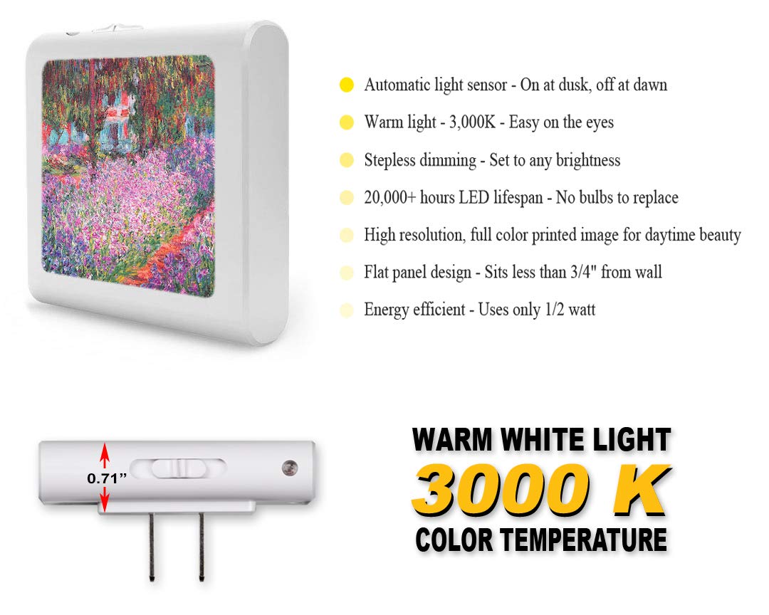 Dimmable LED Night Light with Auto On/Off Sensor - Adjustable Brightness, Warm White Light for Bathroom, Hallway, Nursery & Bedroom | Energy Efficient Plug-in Nightlight for Kids & Adults | Perfect for Nighttime Safety & Comfort (Monet: The Artist's Garden Inspired Design)