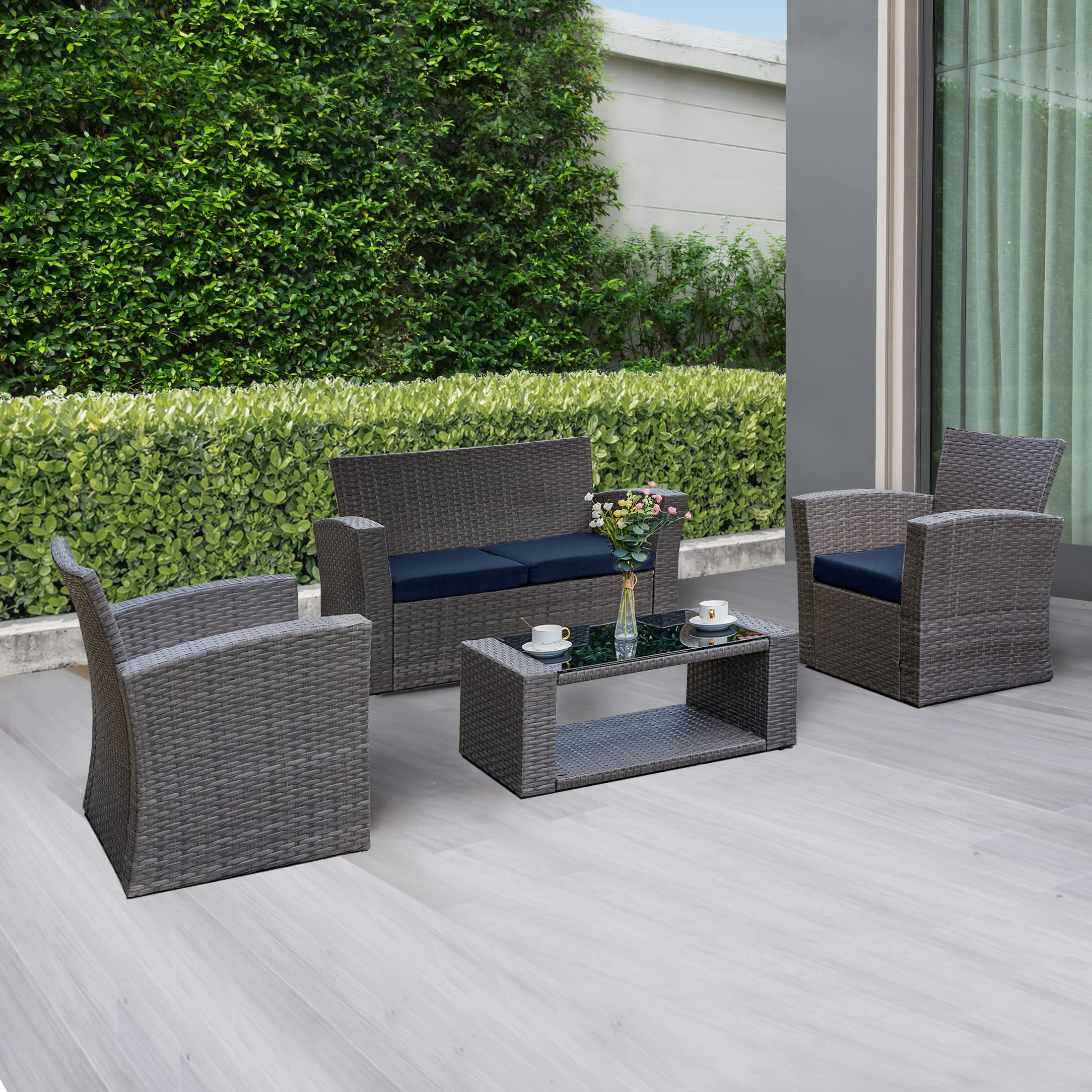 WO Home Furniture 4-Piece Patio Conversation Set - Gray Rattan Wicker Sofa, Chairs & Coffee Table with Navy Blue Pillow Cushions | Outdoor Garden Furniture for Backyard, Poolside & Terrace Relaxation