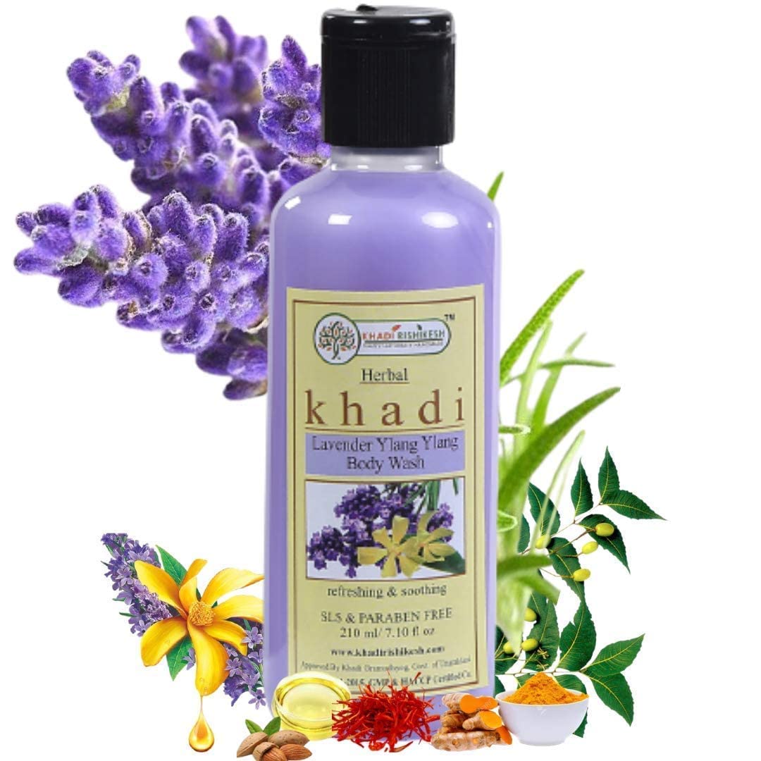Khadi Rishikesh Herbal Lavender & Ylang Ylang Body Wash Set - 100% Natural Floral Essence, Paraben Free for Men & Women - 2x210ml with Free Bath Loofah Sponge | Relaxing Aromatherapy Shower for Stress Relief & Skin Hydration
