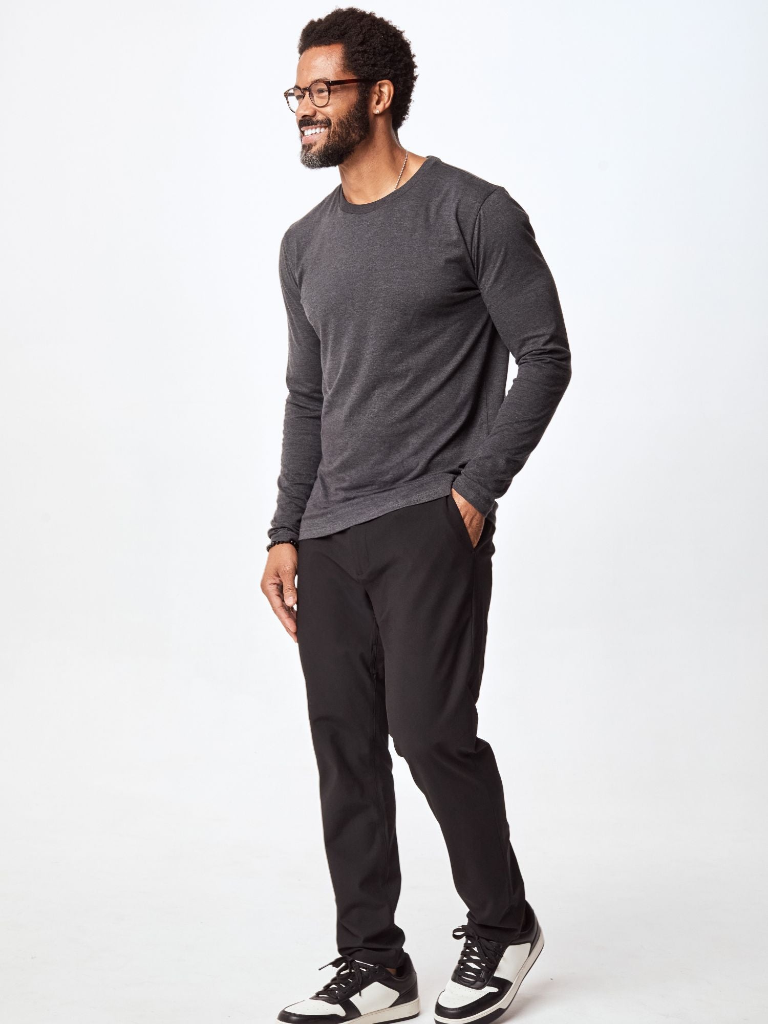 Premium Charcoal Long Sleeve Crew Neck T-Shirt for Men - Soft Cotton Casual Tee for Everyday Wear, Work & Outdoor Activities