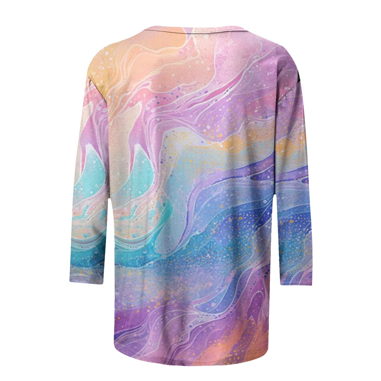 2024 Canada Women's 3/4 Sleeve Round Neck Loose Casual Tie Dye Print T-Shirts | Prime Day Deals | Pink Blouse for Work, Travel & Everyday Wear