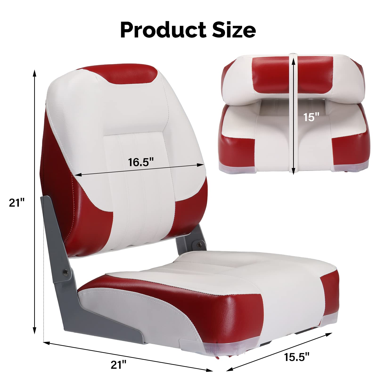 PEXMOR Low & High Back Folding Boat Seats - Waterproof Fishing Boat Captain Chairs with Aluminum Hinges & Thick Soft Cushion (2 Pack, Low Back Red & White) - Perfect for Fishing, Boating & Marine Activities