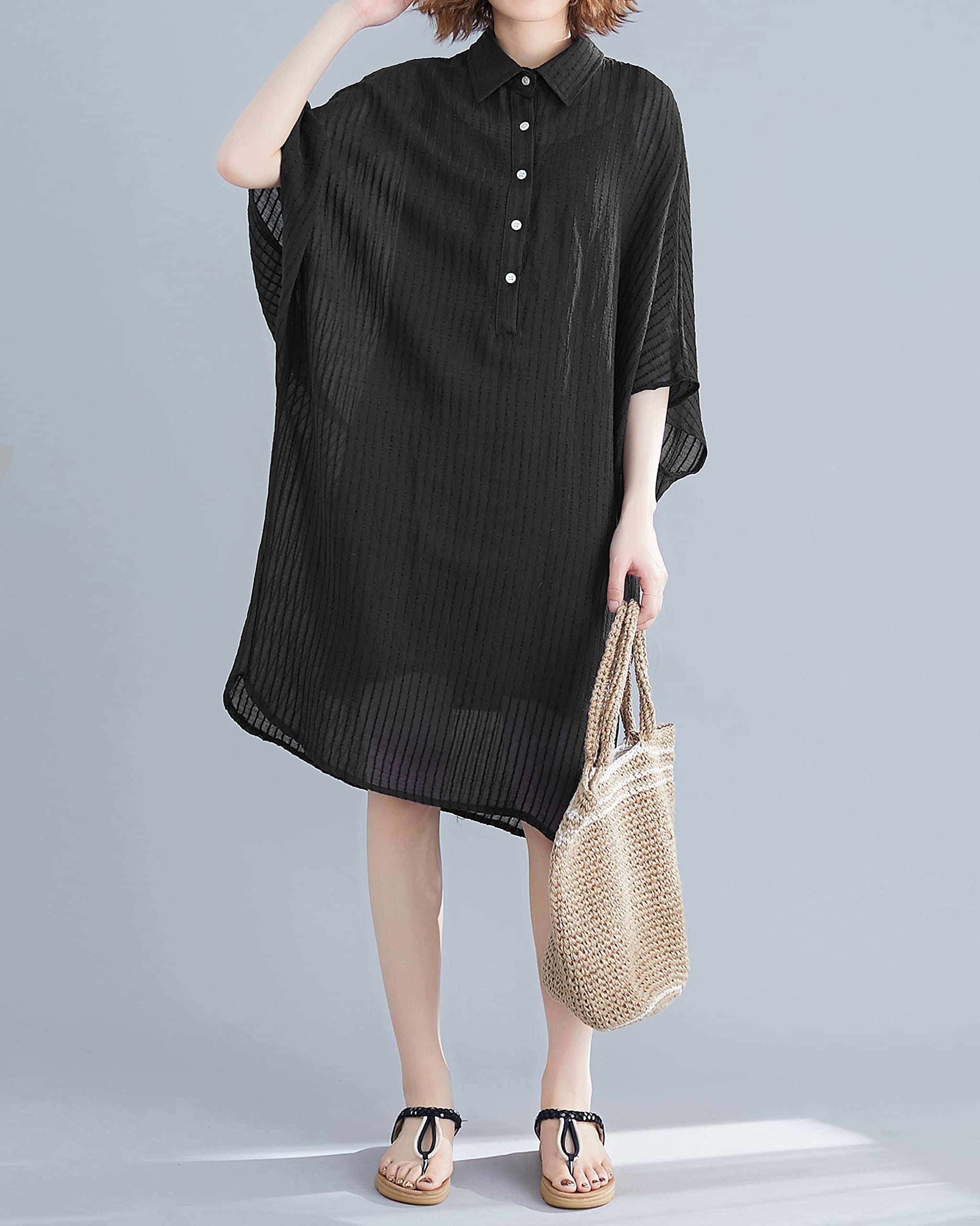 EllaZhu Women's Summer Batwing Short Sleeve Collar Midi Shirt Dress GA2323 - Casual Office Wear, Beach Cover Up & Date Night Outfit