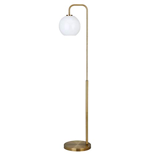 Harrison Arc Floor Lamp with Glass Shade in Brass/White Milk - Modern Adjustable Standing Light for Living Room, Bedroom, or Office Decor