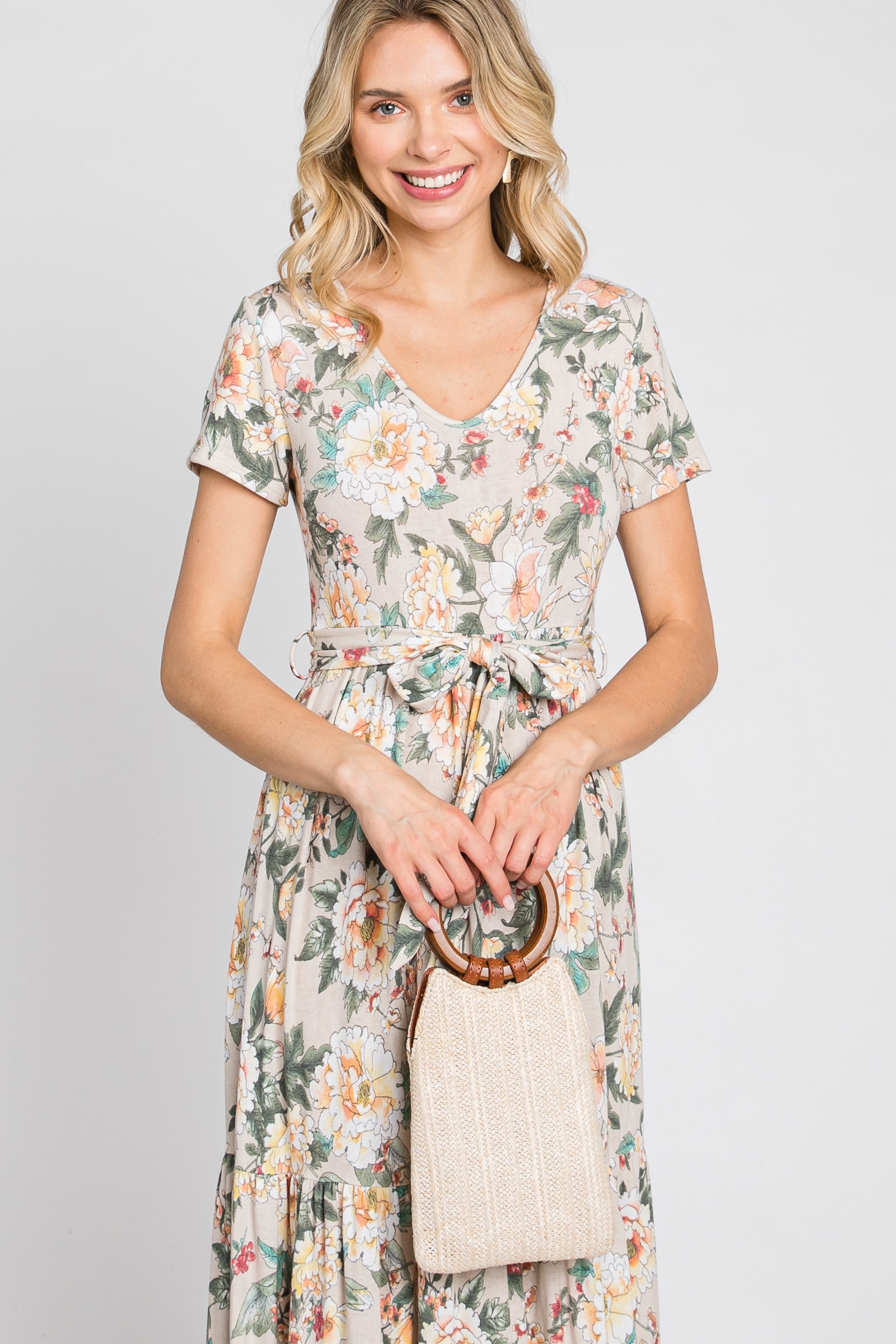 Beige Floral Tiered Maxi Dress for Women - Boho Summer Beach Dress with Pockets, Elegant Long Flowy Dress for Vacations, Weddings & Outdoor Events