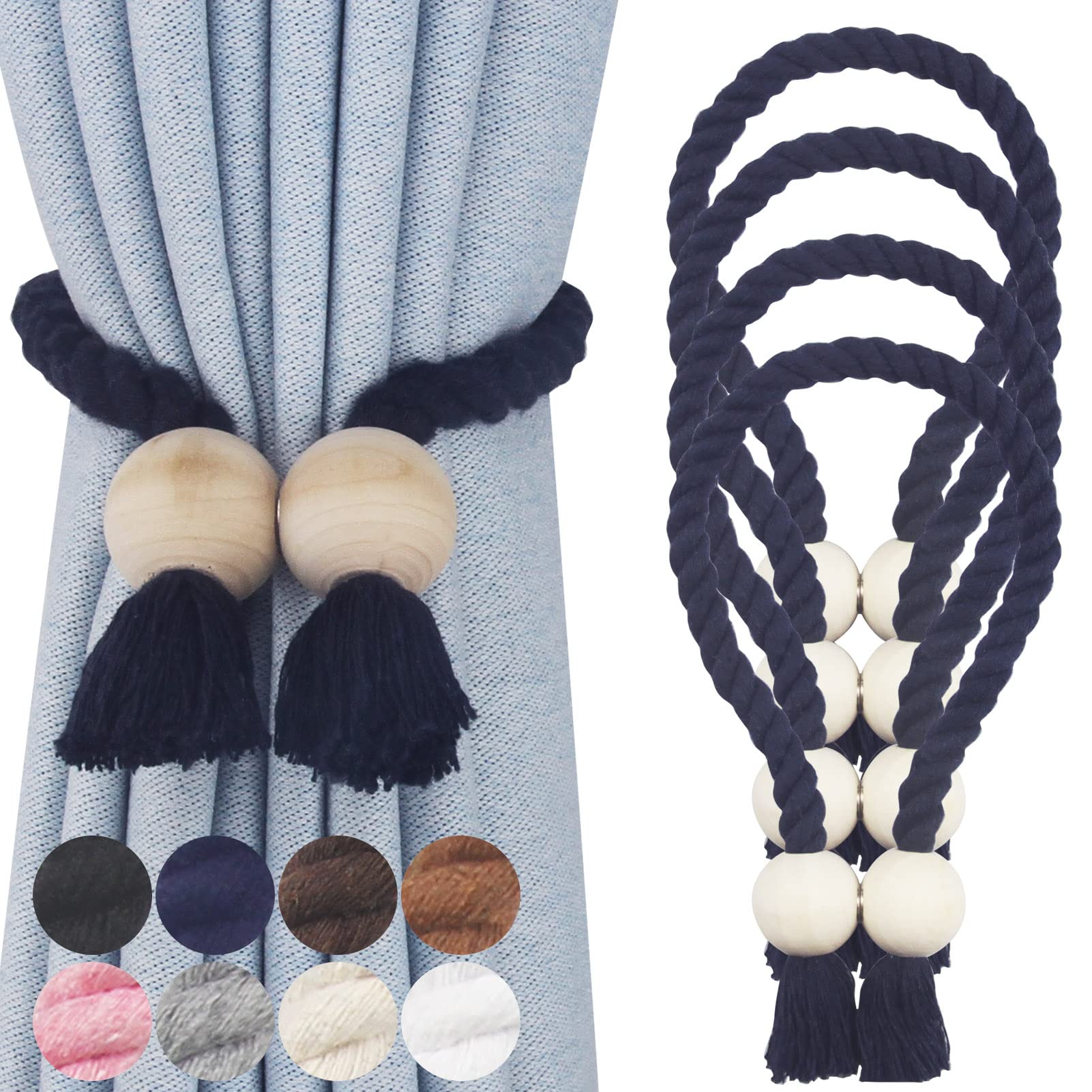 4 Pack Navy Blue Magnetic Curtain Tie Backs - Hand Woven Cotton Decorative Rope Holdbacks for Drapes & Curtains, No Tools Required - Perfect for Living Room, Bedroom & Window Decor
