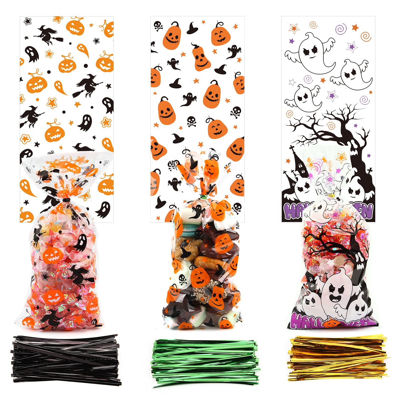 LOMIMOS 150PCS Halloween Cellophane Candy Bags with 300PCS Twist Ties - Clear Plastic Treat Bags for Snacks, Cookies & Party Favors - Perfect for Halloween Parties, Trick-or-Treating & Gift Giving
