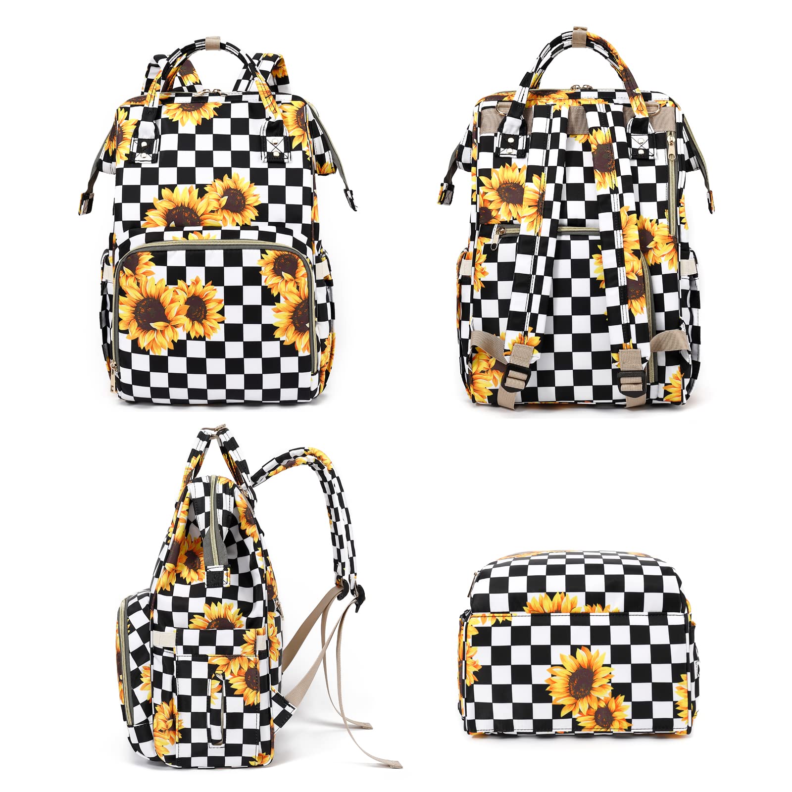Waterproof Sunflower Checkered Diaper Backpack for Baby Girls & Moms - Large Capacity Baby Nappy Bag for Travel, Hospital Visits & Daily Outings
