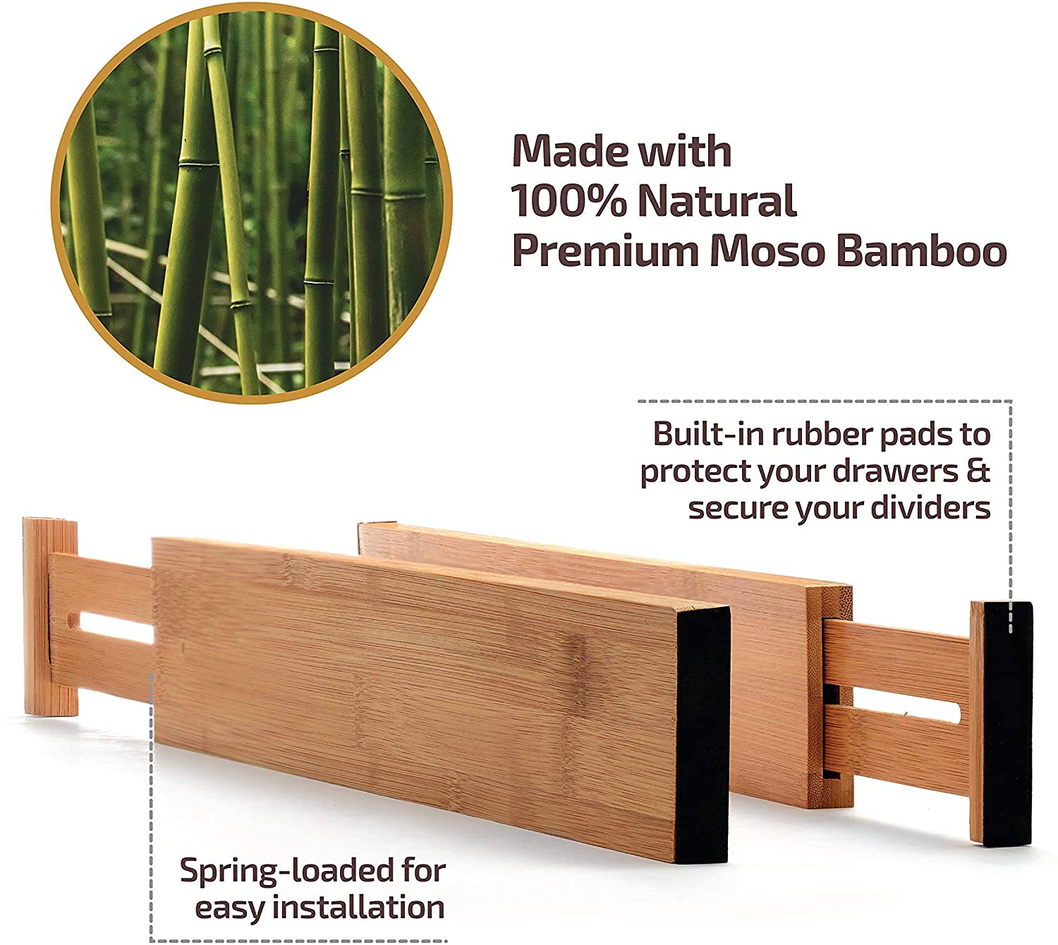 Expandable Bamboo Drawer Organizer Set - 6 Pack Adjustable Kitchen Drawer Dividers (17