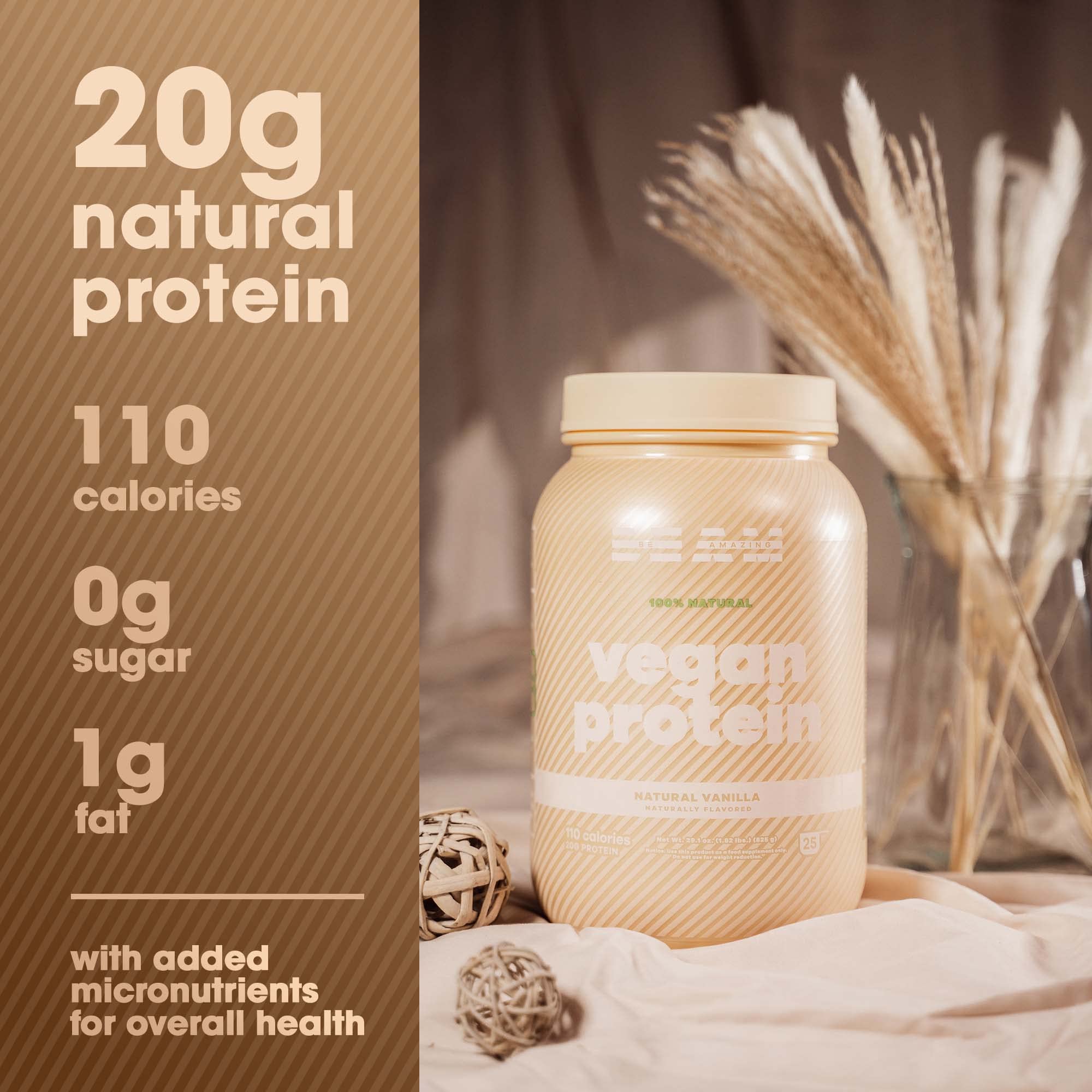 Be Amazing Vegan Protein Powder - 20g Plant-Based Protein with Prebiotics Fibers | Sugar-Free, Gluten-Free, Low Carb, Non-Dairy Shake Mix | Natural Vanilla Flavor, 25 Servings | Perfect for Post-Workout Recovery & Healthy Smoothies