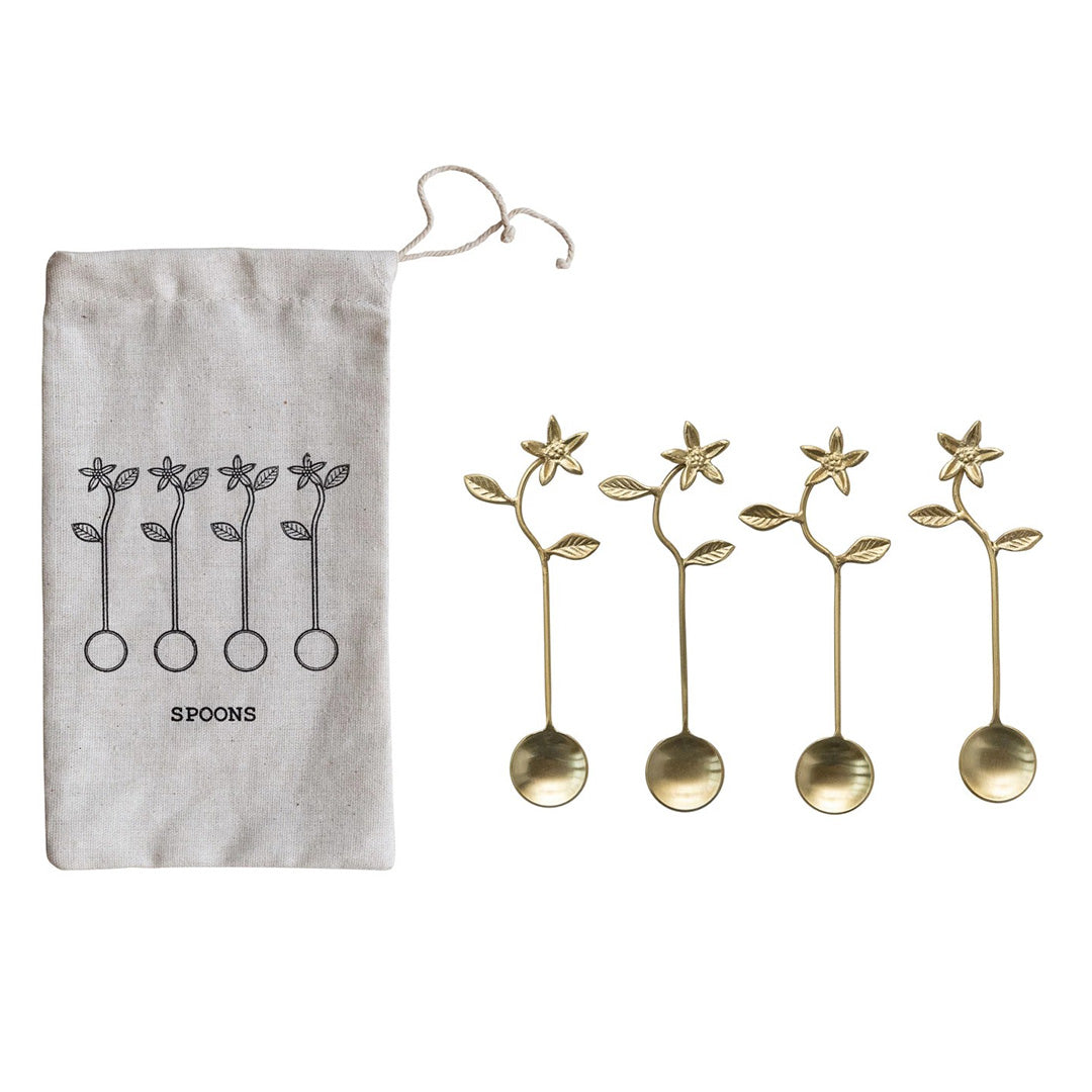 Premium 4-Piece Stainless Steel & Brass Flower Handle Spoon Set - Elegant Tea & Coffee Serving Utensils for Home & Restaurant Use