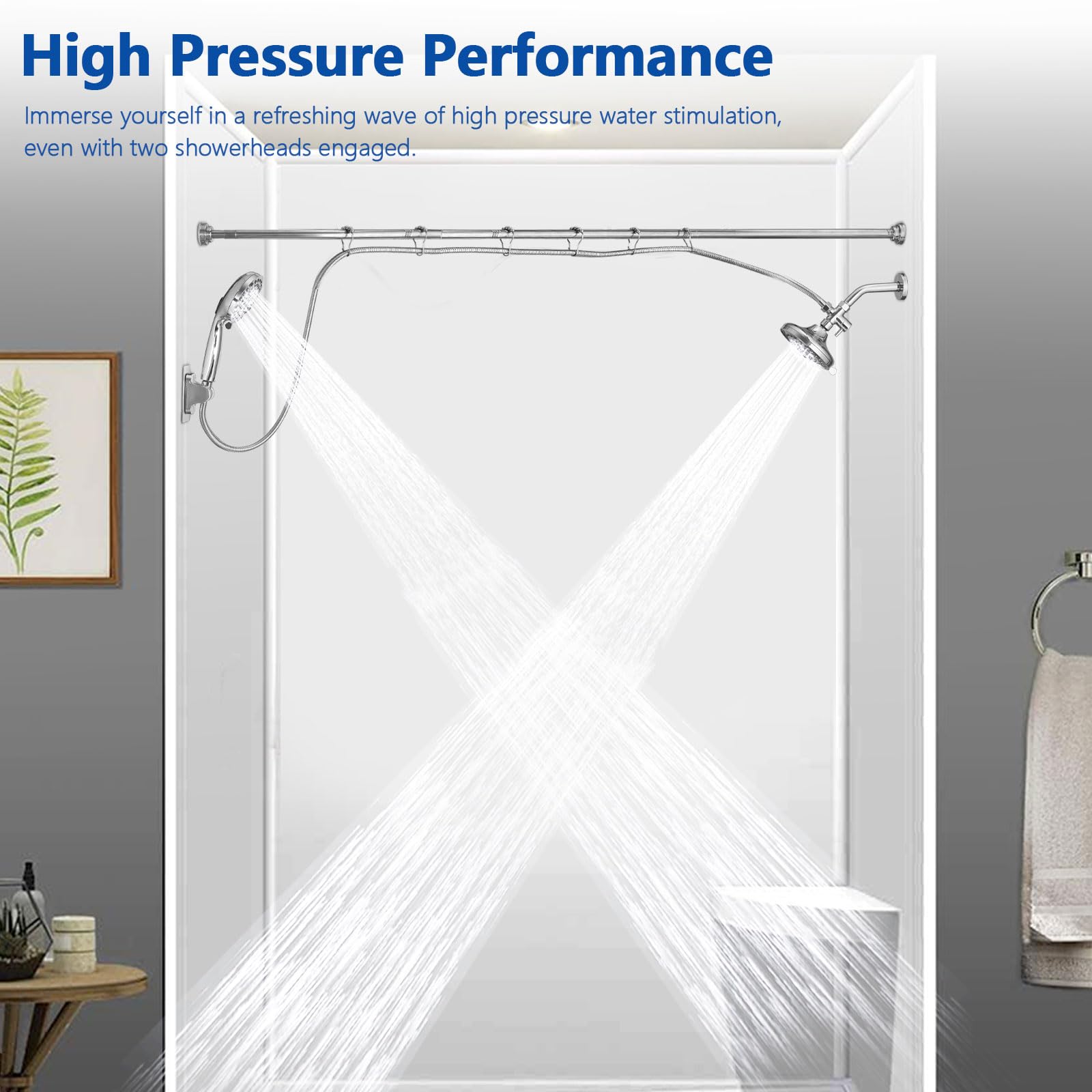 Double Shower Head for Couples - High Pressure Dual Showerhead Combo with Adjustable Height Shower Rod & Hooks - 10-Setting & 9-Setting Handheld Shower Heads in Chrome - Perfect for Master Bathrooms, Spa-Like Showers, and Couples' Relaxation Time