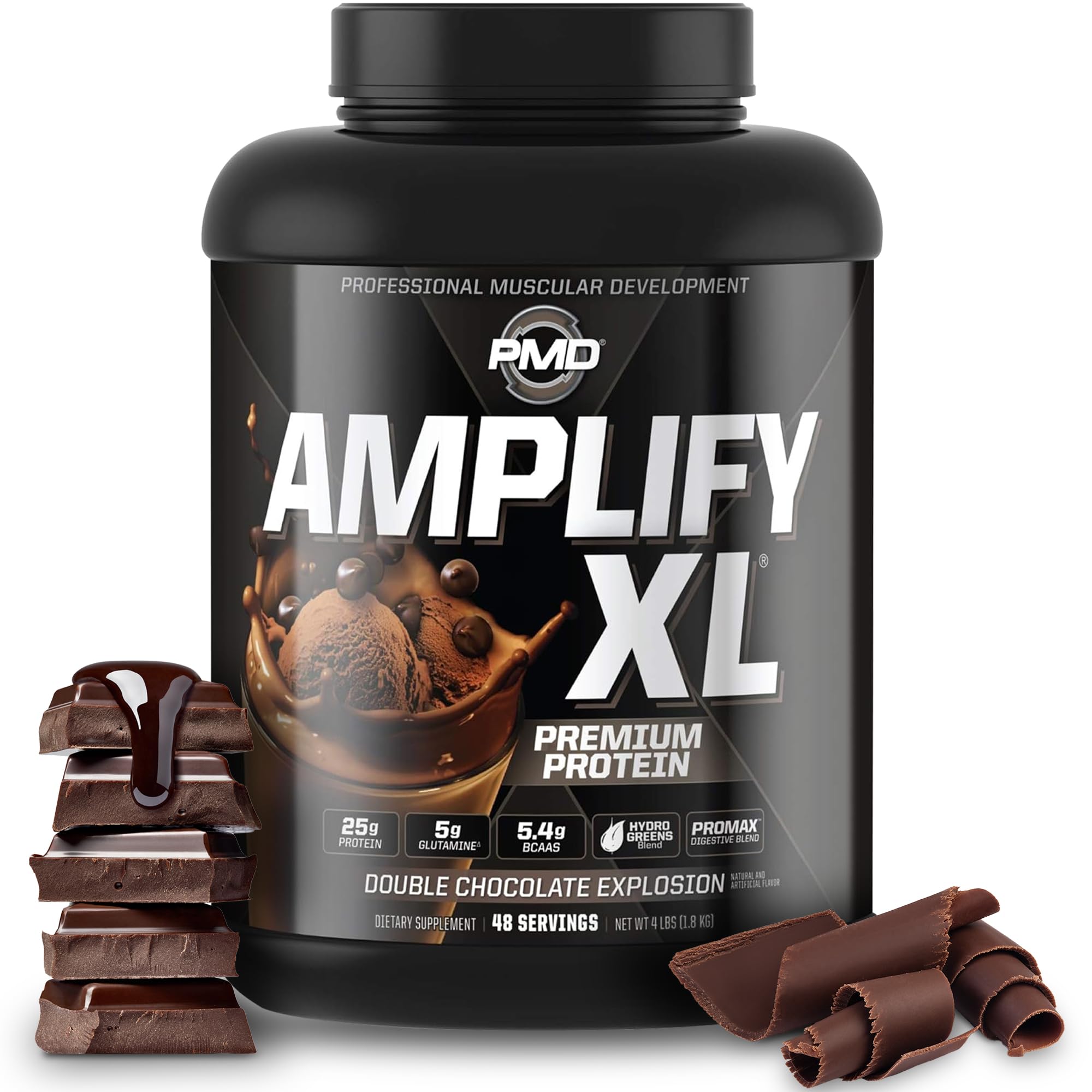 PMD Sports Amplify XL Premium Whey Protein Powder with Hydro Greens Blend - Glutamine & Whey Protein Matrix for Muscle Growth, Strength & Recovery - Superfood Enriched Double Chocolate Flavor (48 Servings) - Ideal for Post-Workout Shakes, Smoothies & Meal Replacement