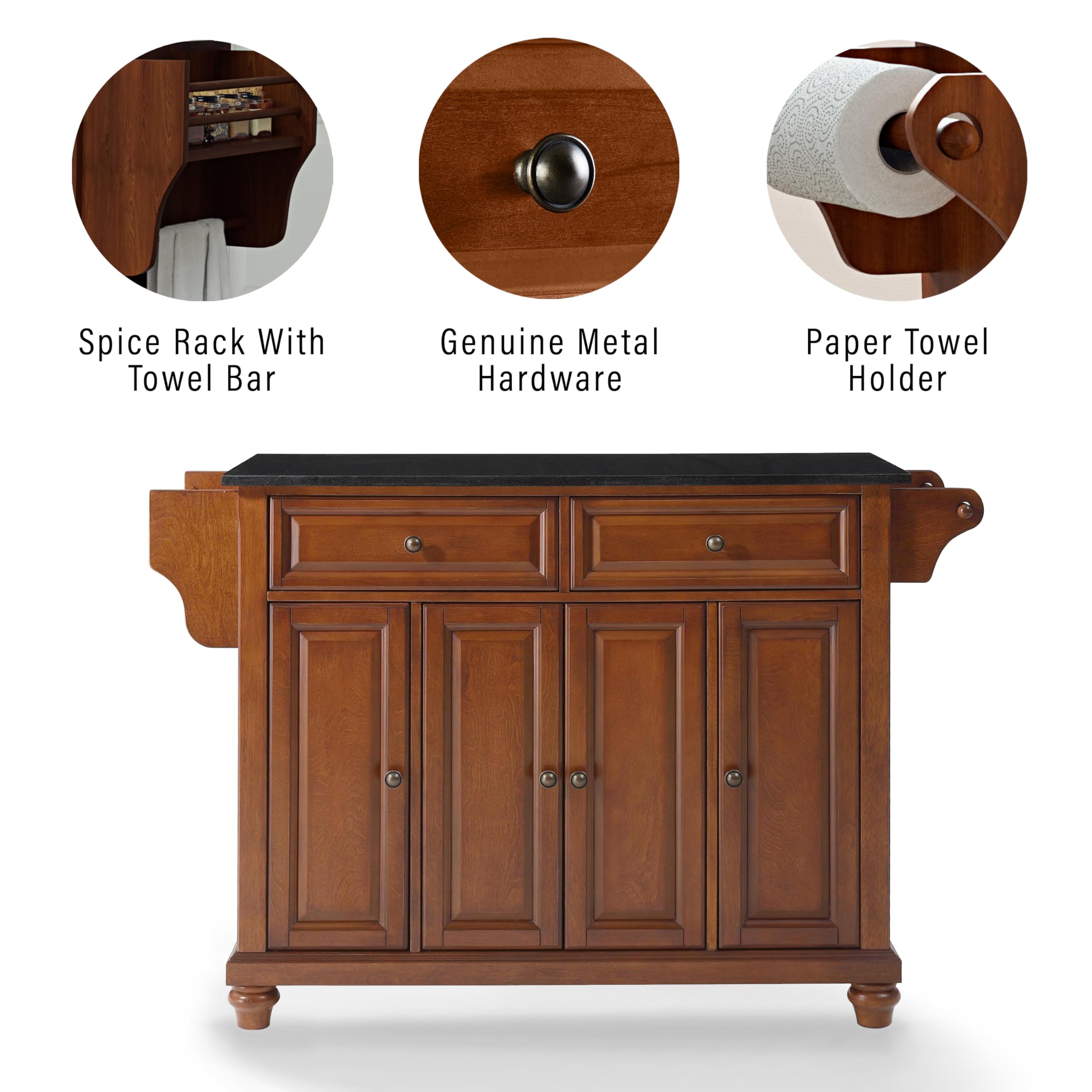 Crosley Cambridge Granite Top Rolling Kitchen Island with Storage - Microwave Stand, Spice Rack, Cherry Finish | Perfect for Small Kitchens, Pantry Organization & Mobile Food Prep Station