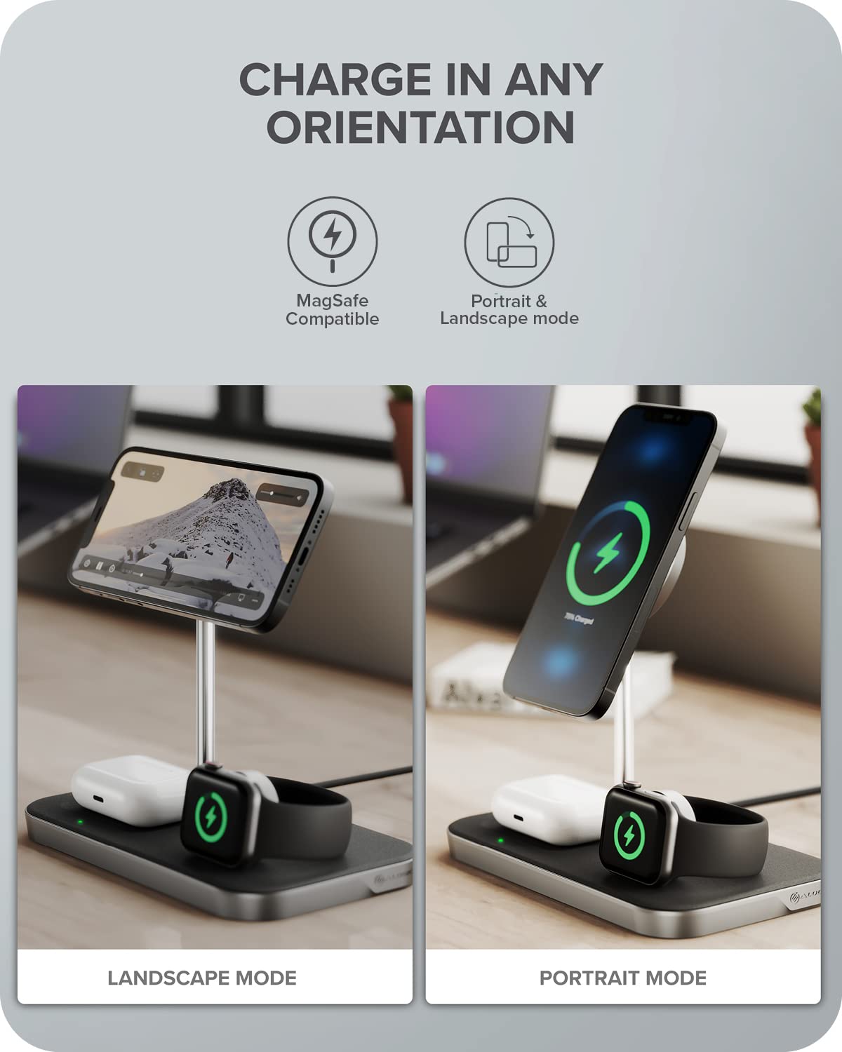 ALOGIC MagSpeed 3-in-1 Wireless Charging Station with LED Indicator | Magsafe Compatible for iPhone 15/14/13/12 Series | Fast Charging for AirPods & Apple Watch | Certified Safe | Perfect for Home, Office & Travel Use