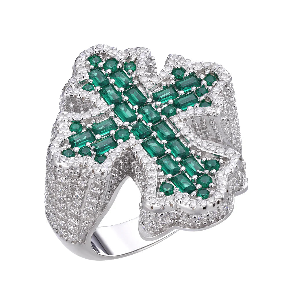 925 Sterling Silver Moissanite Green Emerald Cross Ring for Men - Perfect for Gifts, Weddings, and Everyday Wear