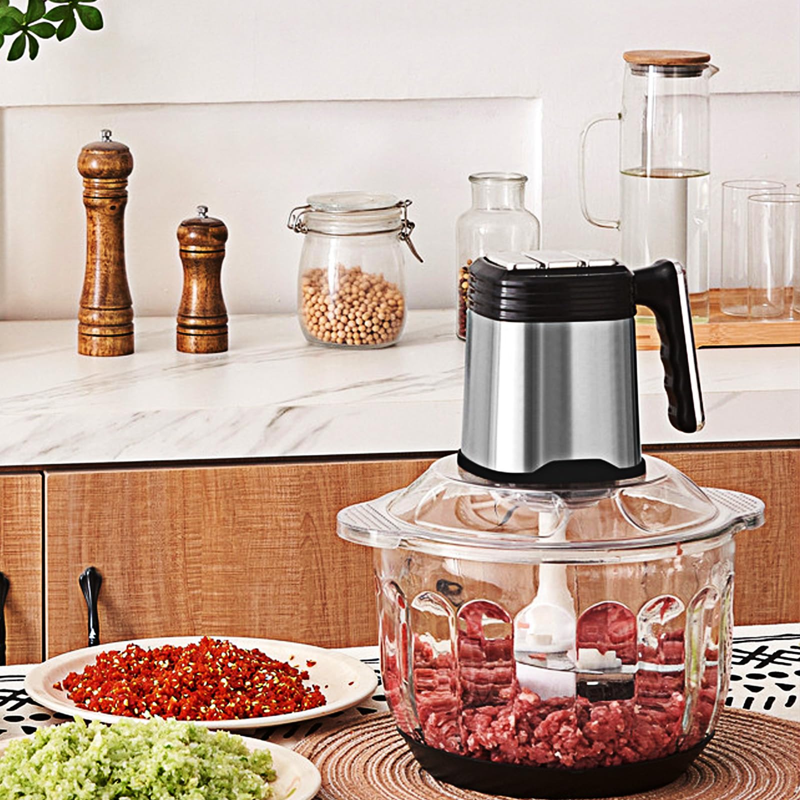 500W Electric Food Processor & Meat Grinder - 2L Glass Bowl with 2 Sharp Blades, 2-Speed Control for Chopping, Grinding & Mixing - Perfect for Vegetables, Onions, Garlic, Meat & Nuts - Ideal for Meal Prep, Baking & Home Cooking
