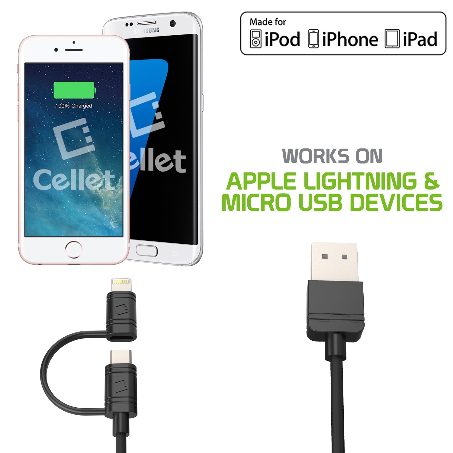 Apple Certified Lightning Cable - Cellet iPhone Charger Cord for iPhone 14/13/12/11/SE/XS & iPad Pro/Air/Mini - Fast Charging & Data Sync - Perfect for Home, Office & Travel (Black)