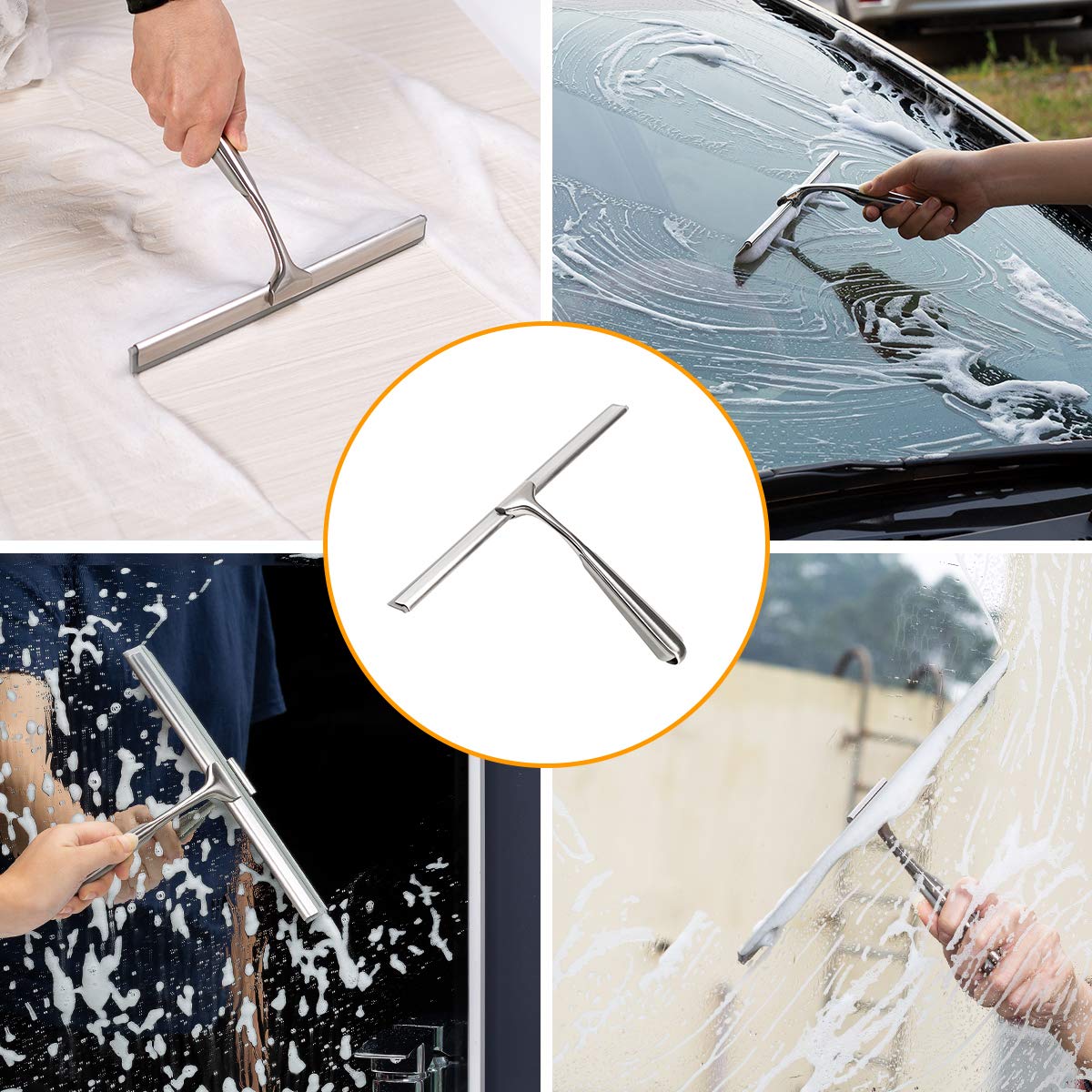 10 Inch Stainless Steel Shower Squeegee for Bathroom Doors, Windows, Kitchen, Mirrors & Car Glass - Perfect for Streak-Free Cleaning in Showers, Kitchens and Vehicles