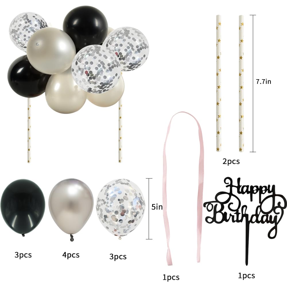 BEISHIDA 5 Inch 10pcs Silver Black Balloon Cloud Cake Topper - Happy Birthday Cake Decorations, Mini Balloon Garland with Letters for Birthday Party, Wedding, Baby Shower & Anniversary Celebrations