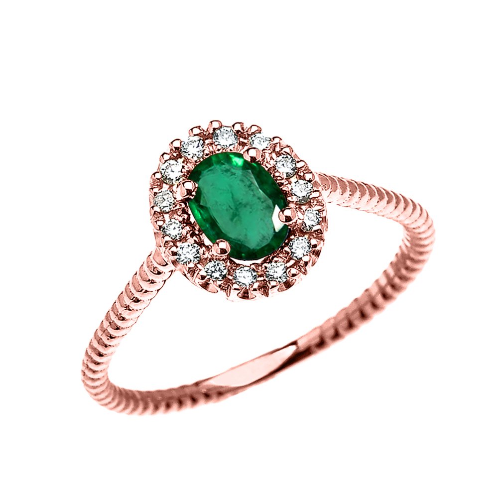 14K Rose Gold Oval Halo Diamond & Solitaire Emerald Rope Design Engagement Ring - Elegant Promise Ring for Women, Perfect for Proposals, Anniversaries & Special Occasions