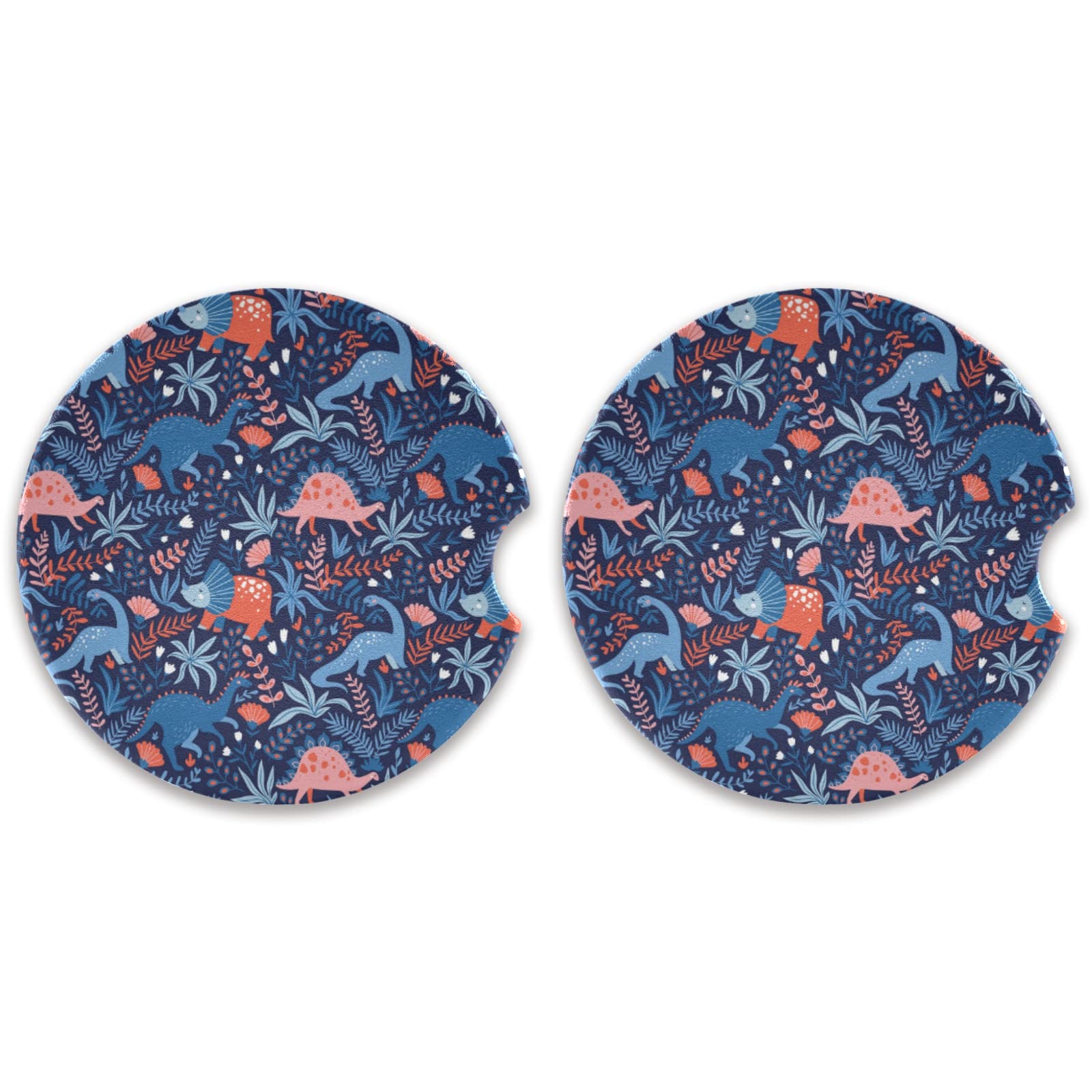 Durable 2PCs Round Absorbent Car Coasters with Seamless Dinosaurs & Tropical Leaves Pattern - Non-Slip Cork Back & Finger Slot for Easy Removal - Mug Protector Holder for Cars, SUVs & Trucks - Perfect for Coffee, Tea & Beverages on the Go