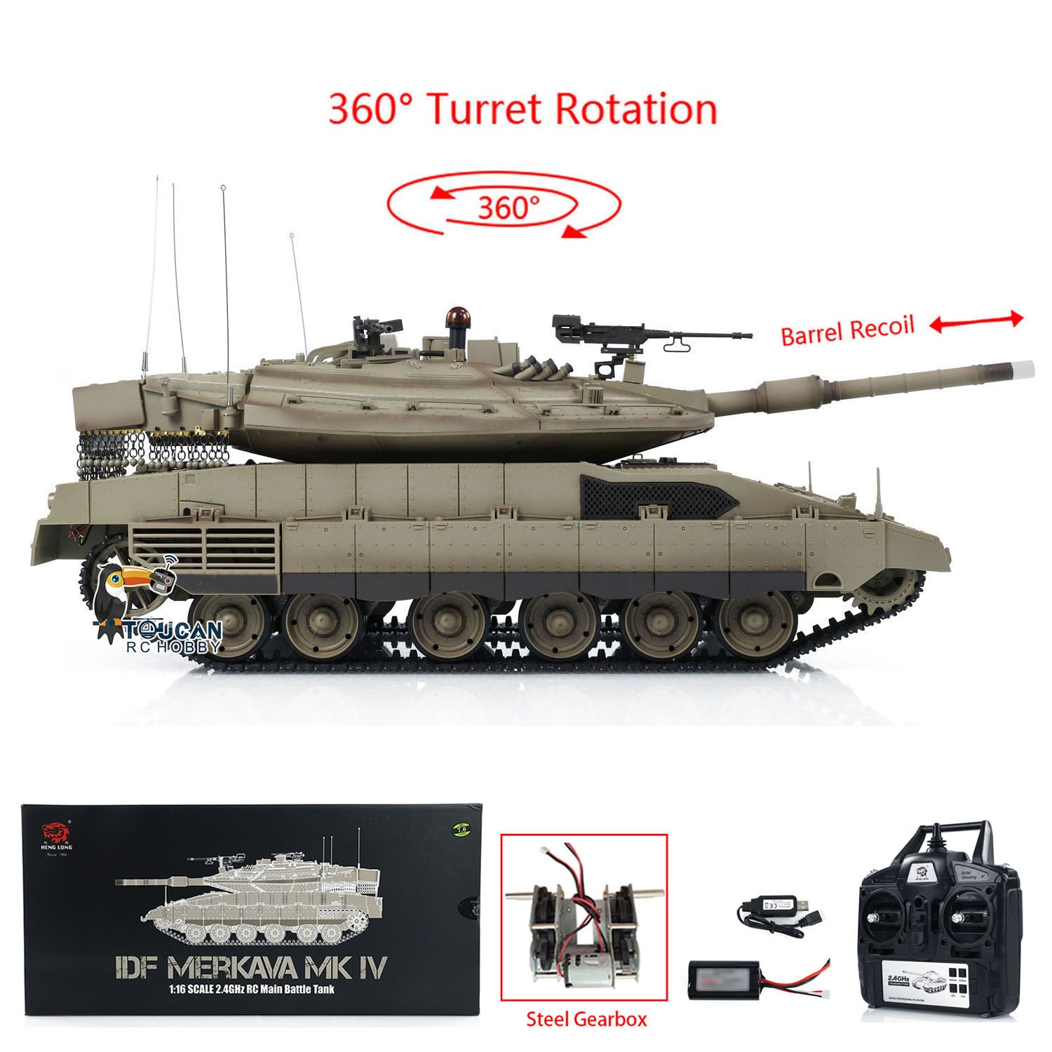 Heng Long 1/16 Scale RC Tank IDF Merkava MK IV - Metal Gearbox, 360° Rotating Barrel & Recoil - Remote Control Military Tank Model for Collectors & Battle Simulation