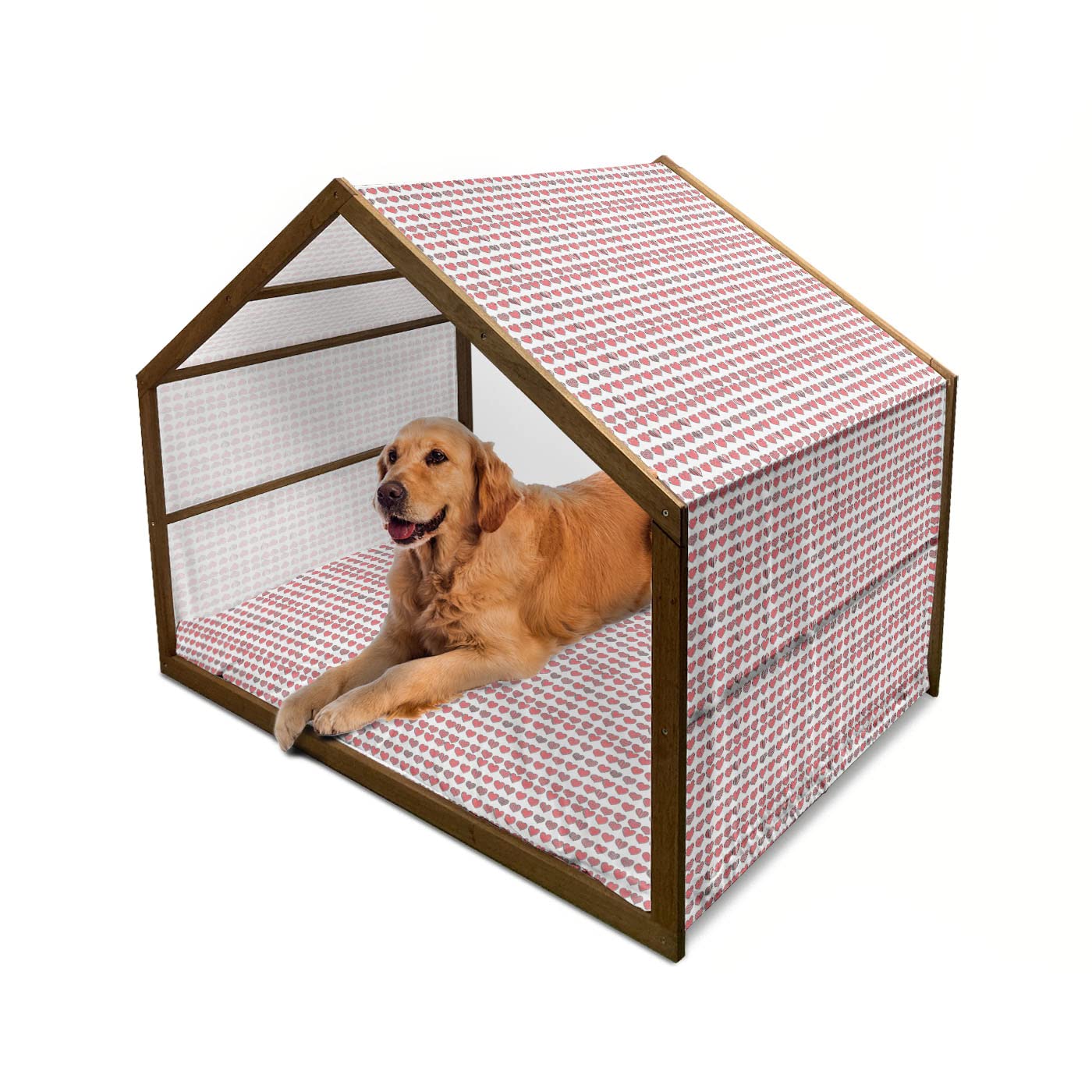 Ambesonne I Love You Wooden Dog House - Hand Drawn Valentine's Day Design, Indoor & Outdoor Portable Pet Kennel with Pillow & Cover, 2X-Large Charcoal Grey Coral - Perfect for Romantic Gifts & Backyard Pet Shelter
